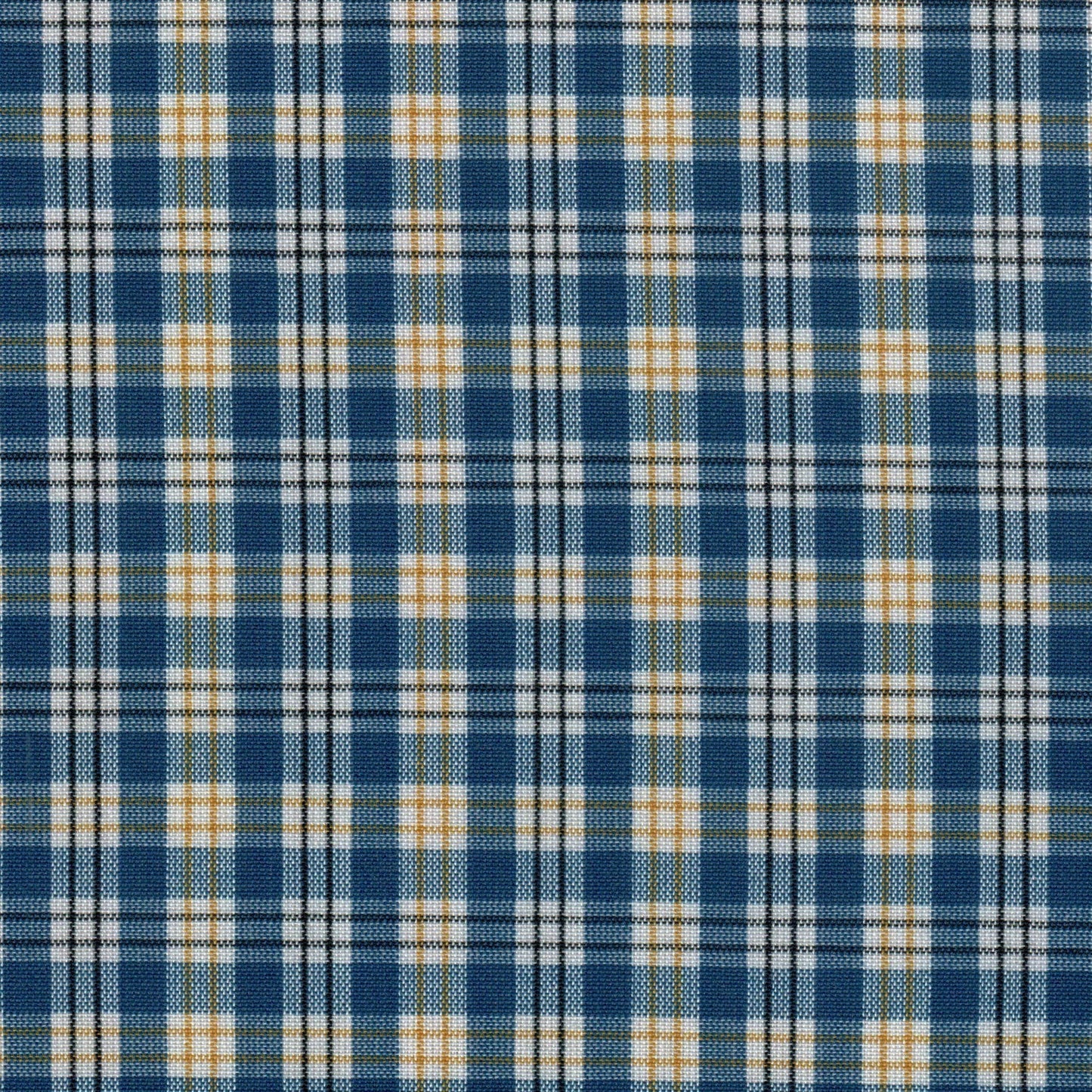 Tela de poliéster azul con patrón a cuadros blanco y amarillo de SchoolLine para uniformes escolares e institucionales.