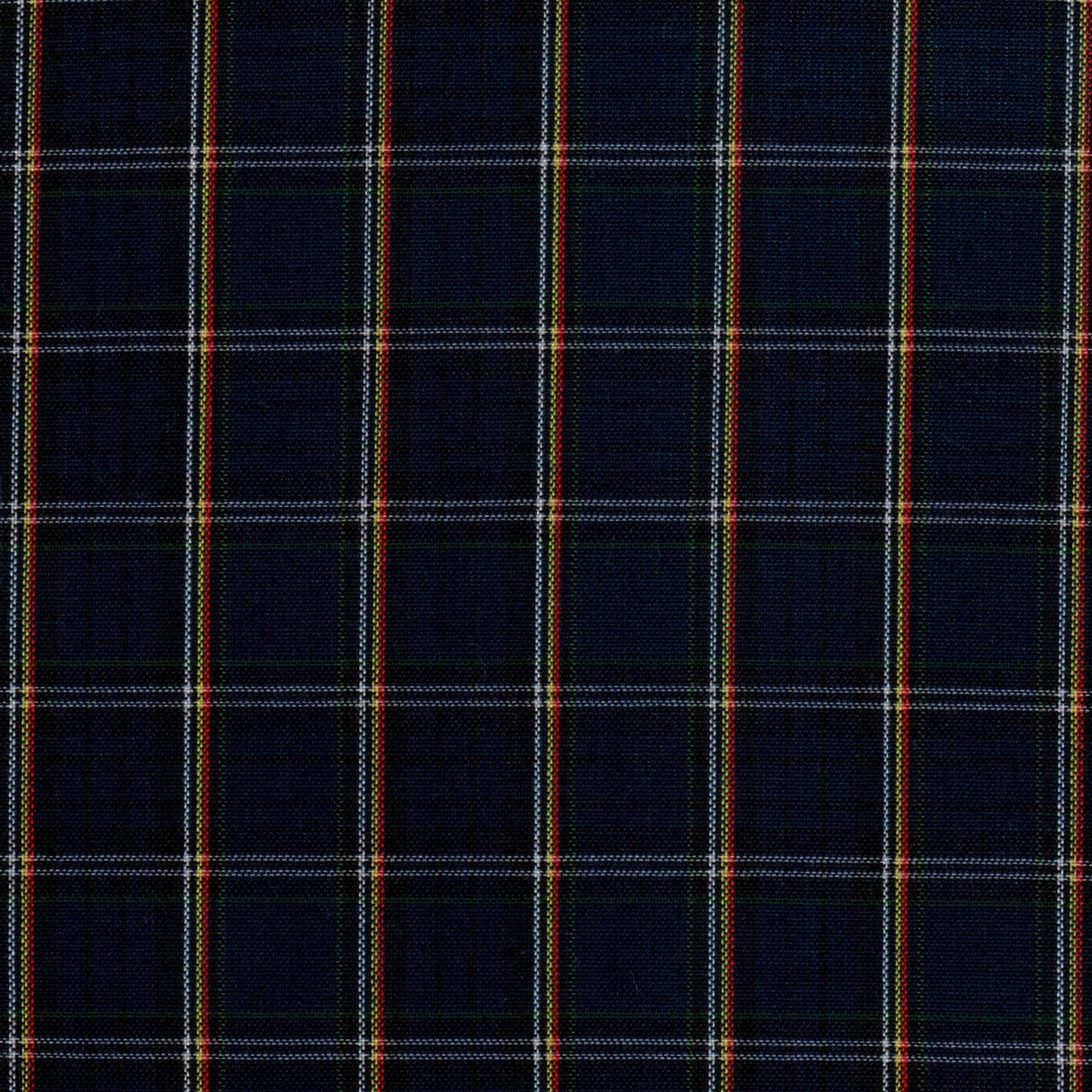 Tela Dacron SchoolLine en poliéster, azul marino a cuadros con líneas rojas, amarillas y blancas para uniformes escolares.