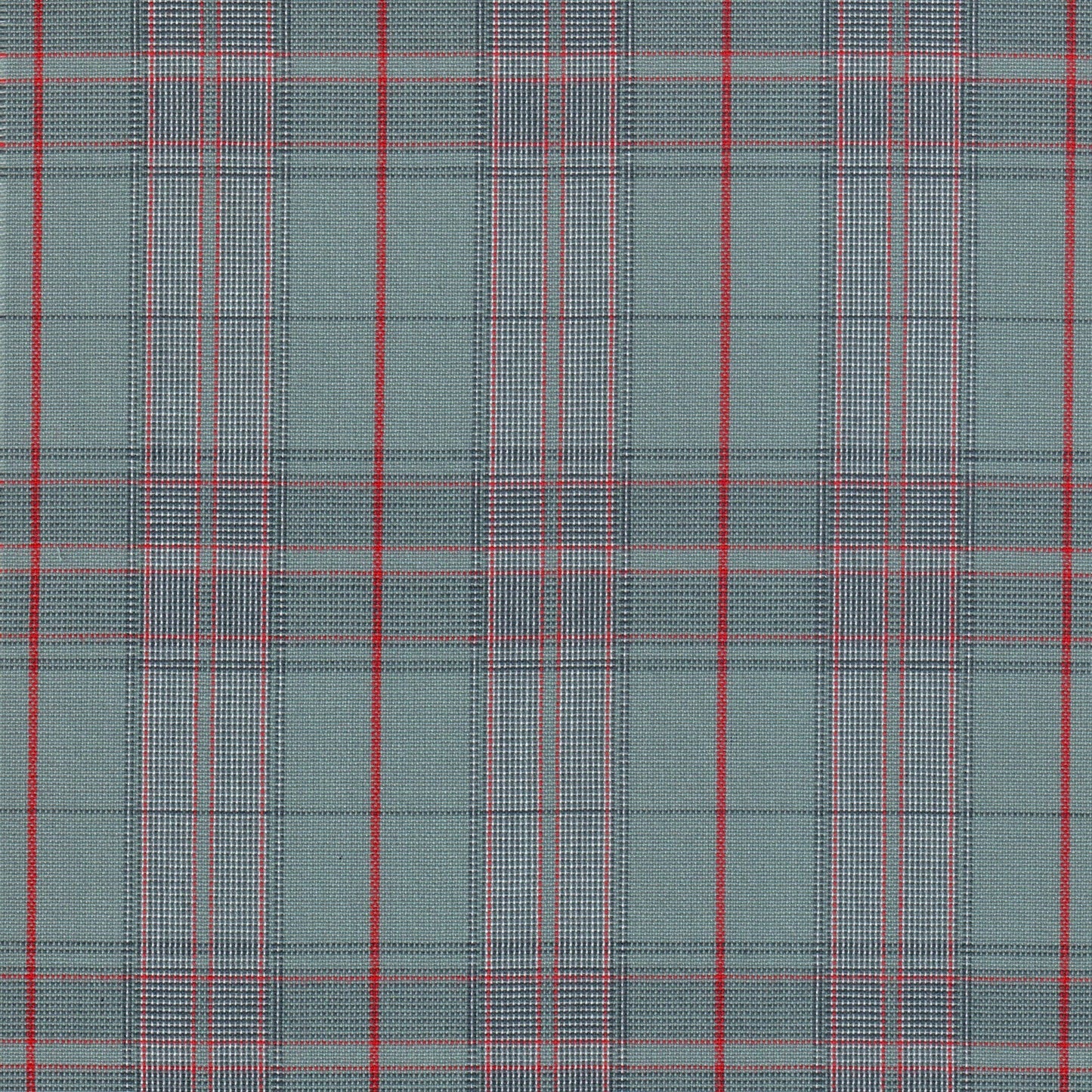 Tela poliéster SchoolLine 13002281 Dacron con tartán gris verdoso y rayas rojas, ideal para uniformes escolares e institucionales.