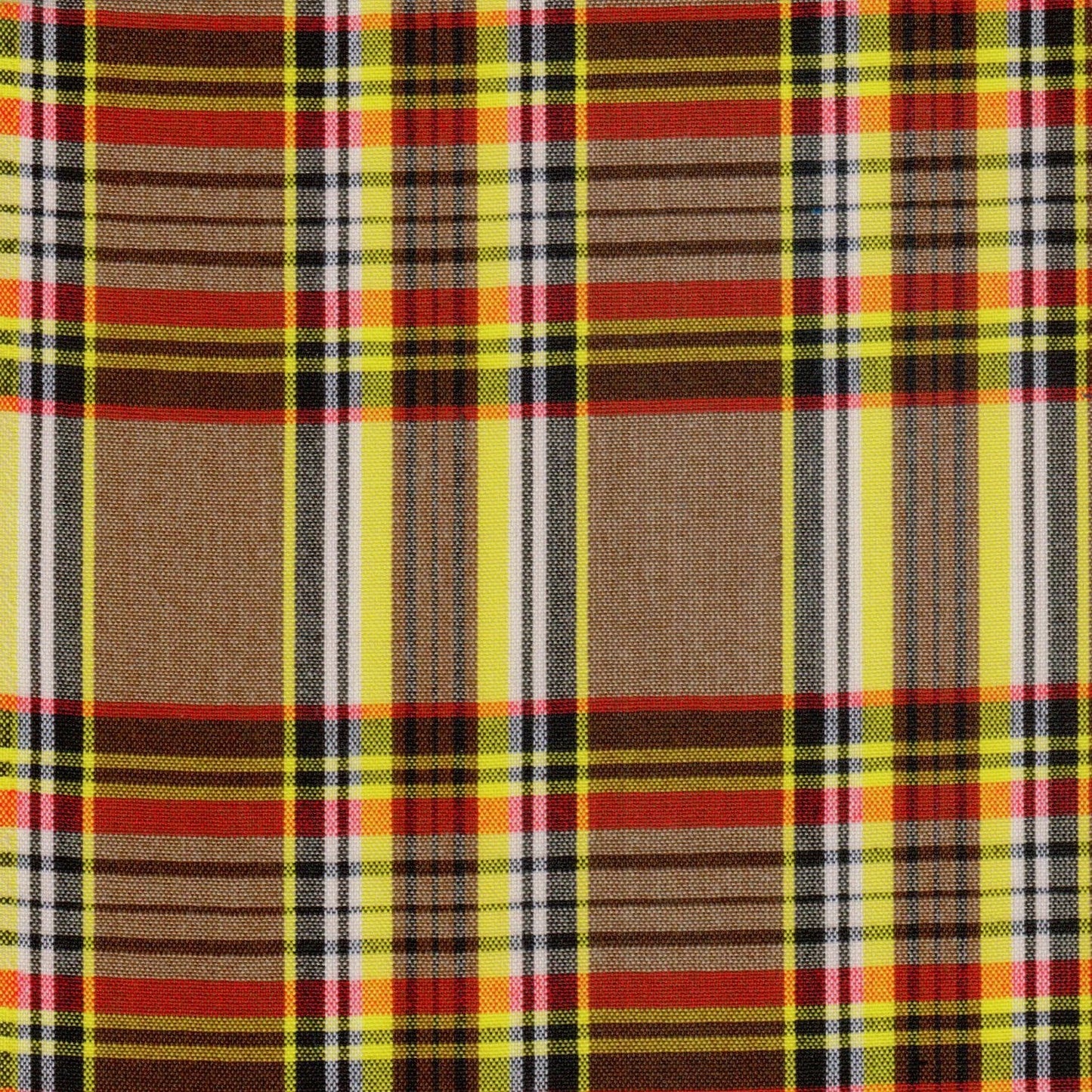 Tela 13002290 Dacron SchoolLine, tartán a cuadros en amarillo, rojo y marrón; ideal para uniformes escolares e institucionales.