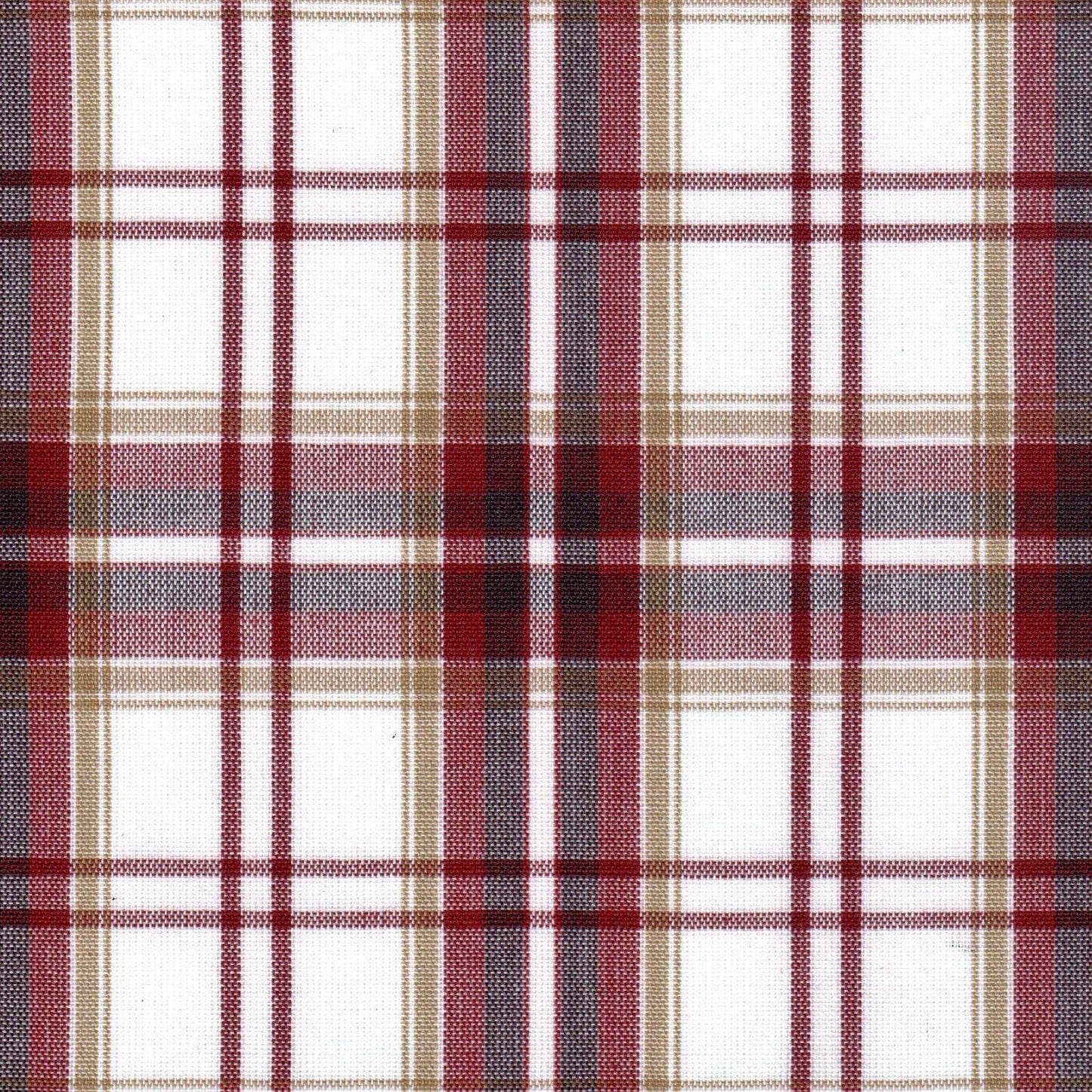 Tela Dacron SchoolLine, tela a cuadros rojos, beige y gris con líneas blancas; ideal para uniformes escolares e institucionales.