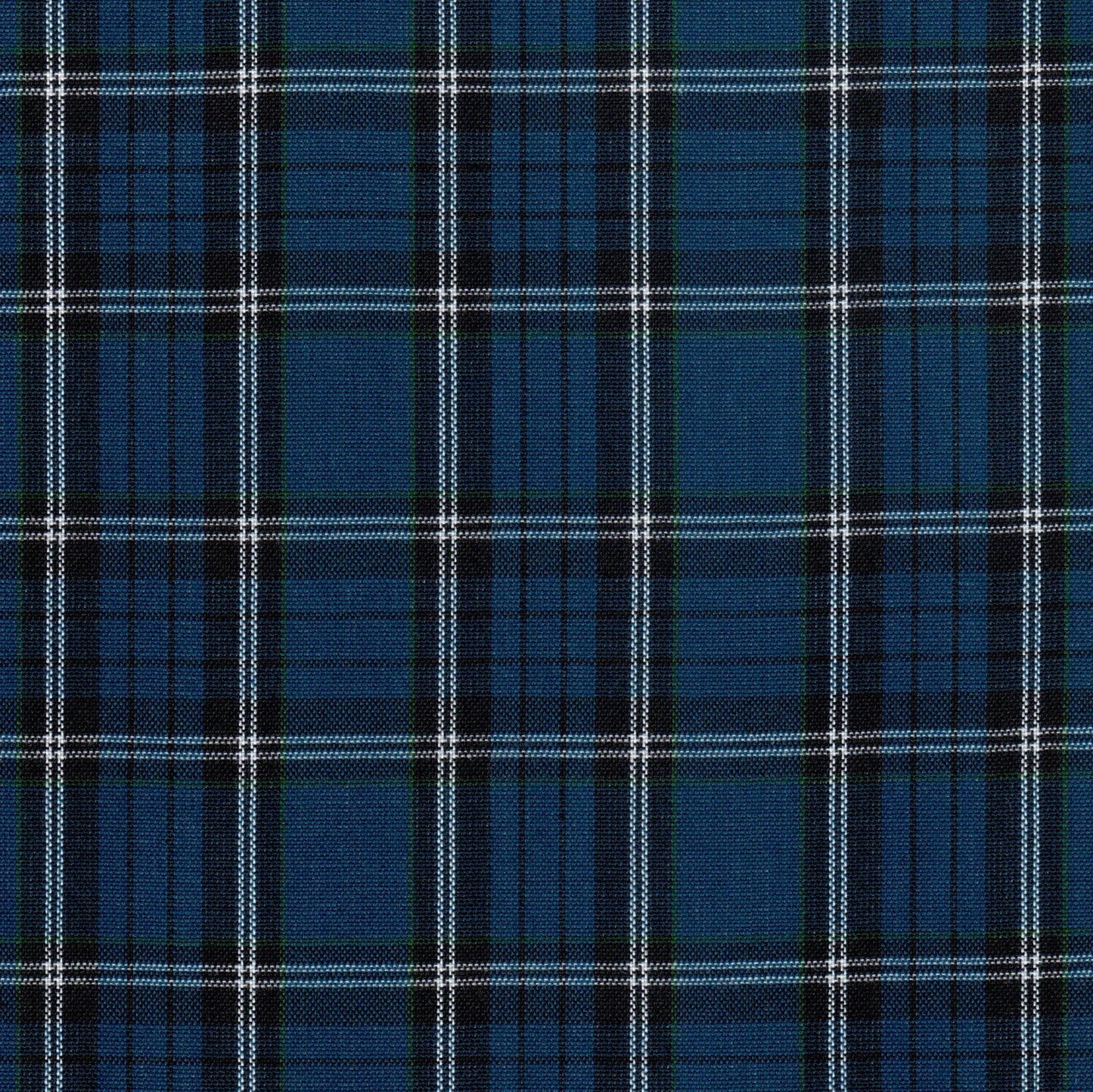 Tela 13002320 Dacron uniforme de SchoolLine; tejido azul oscuro, negro y blanco con diseño tartán para uniformes escolares.