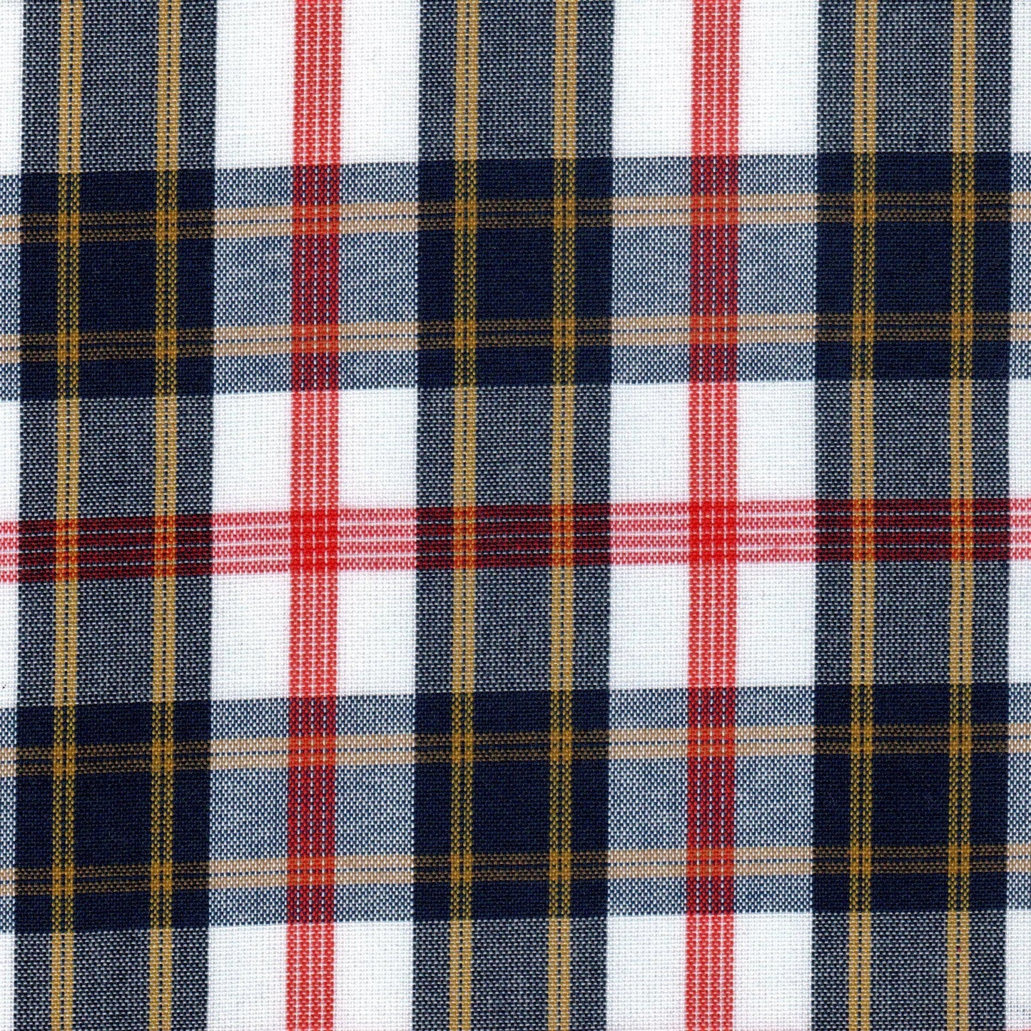 Tela Dacron para uniformes SchoolLine, patrón tartán azul marino, blanco y rojo con líneas doradas