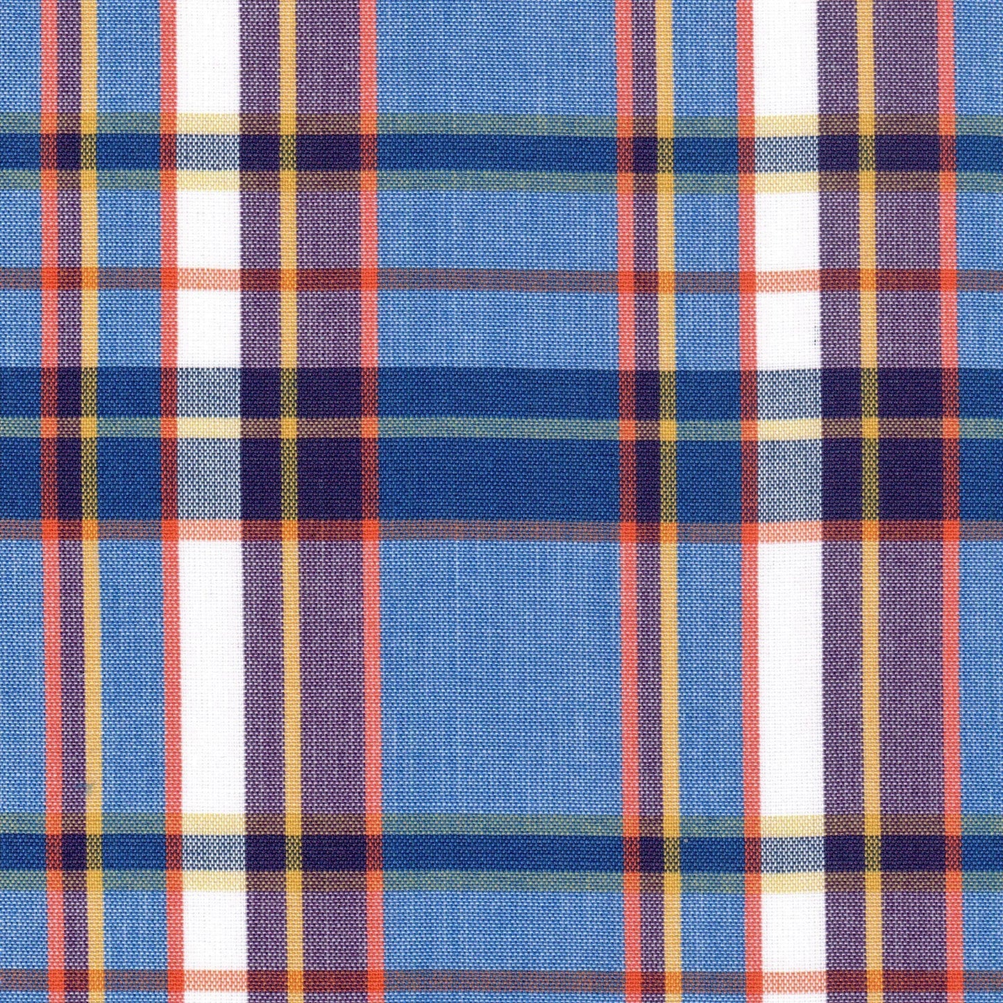 Tela Dacron SchoolLine 13002399: tejido a cuadros azul, blanco, naranja y amarillo para uniformes escolares.