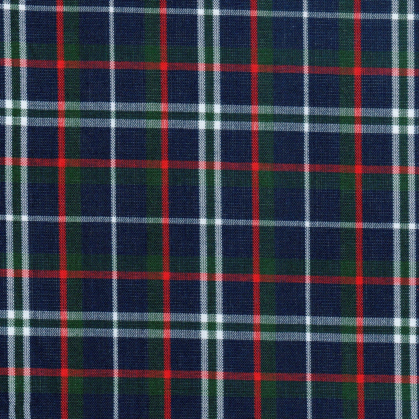 Tela de poliéster Dacron SchoolLine en tartán azul marino con líneas rojas, blancas y verdes, ideal para uniformes.