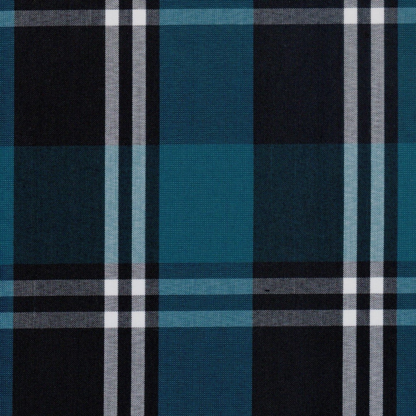 Tela Dacron SchoolLine para uniformes; tejido a cuadros teal y negro con líneas blancas, ideal para escuelas.