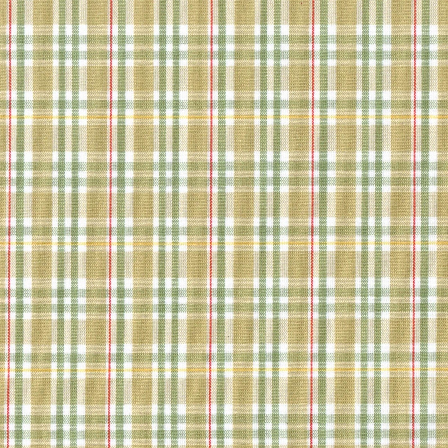 Tela Dacron SchoolLine, patrón tartán beige, verde y blanco con líneas rojas; tela para uniformes escolares.