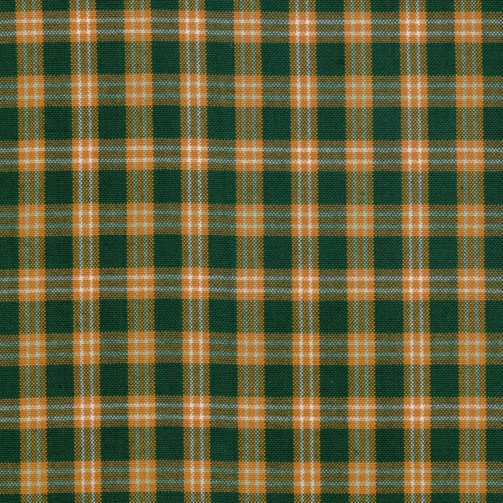 Tela 13002466 Dacron uniforme SchoolLine en verde oscuro con cuadros naranja y azul, ideal para uniformes escolares.