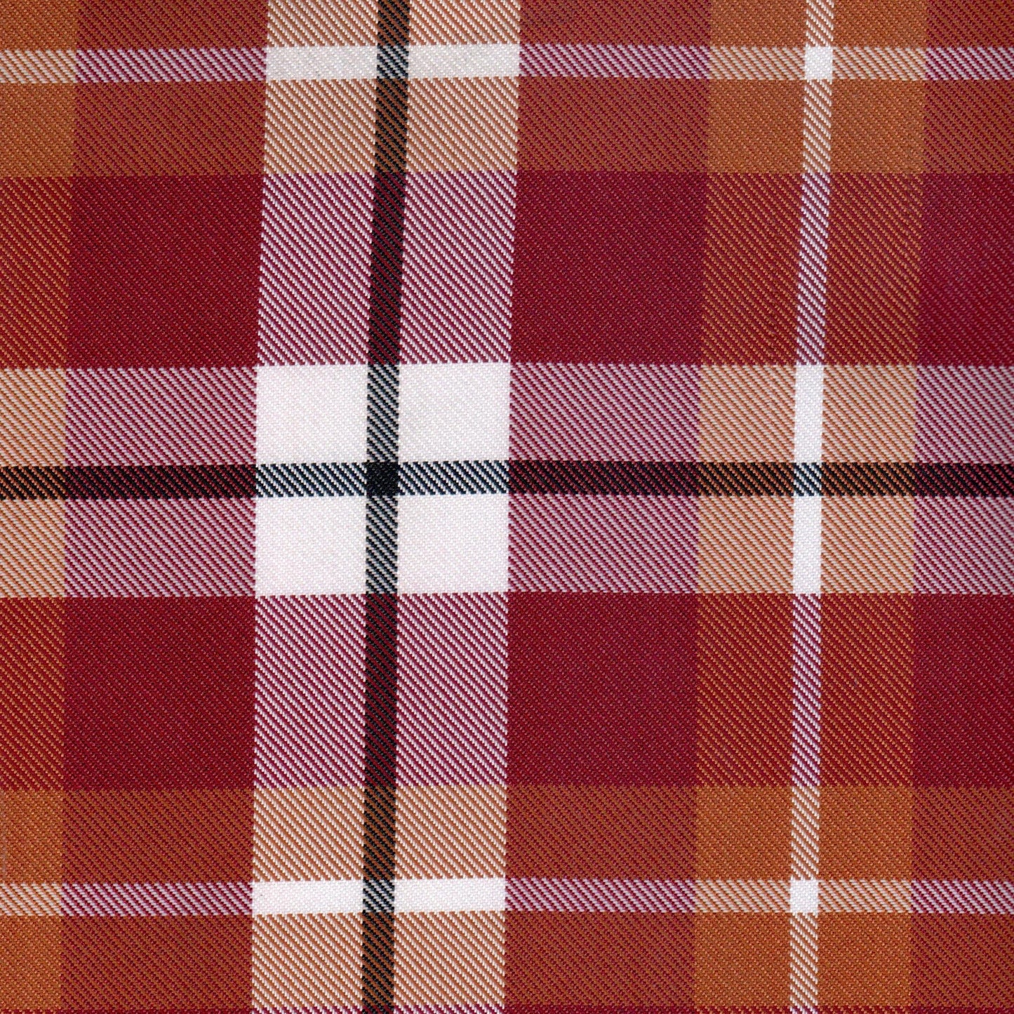 Tela diagonal de poliéster SchoolLine en tartán rojo/naranja/blanco, ideal para uniformes escolares e institucionales.