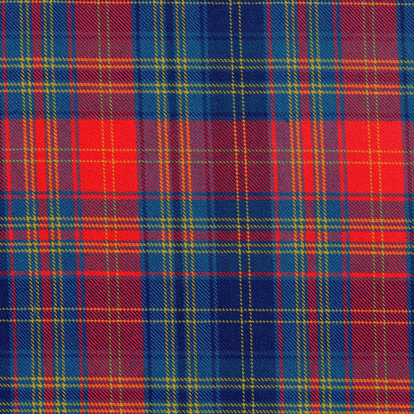 Tela diagonal de poliéster SchoolLine en tartán azul, rojo y amarillo; ideal para uniformes escolares e institucionales.