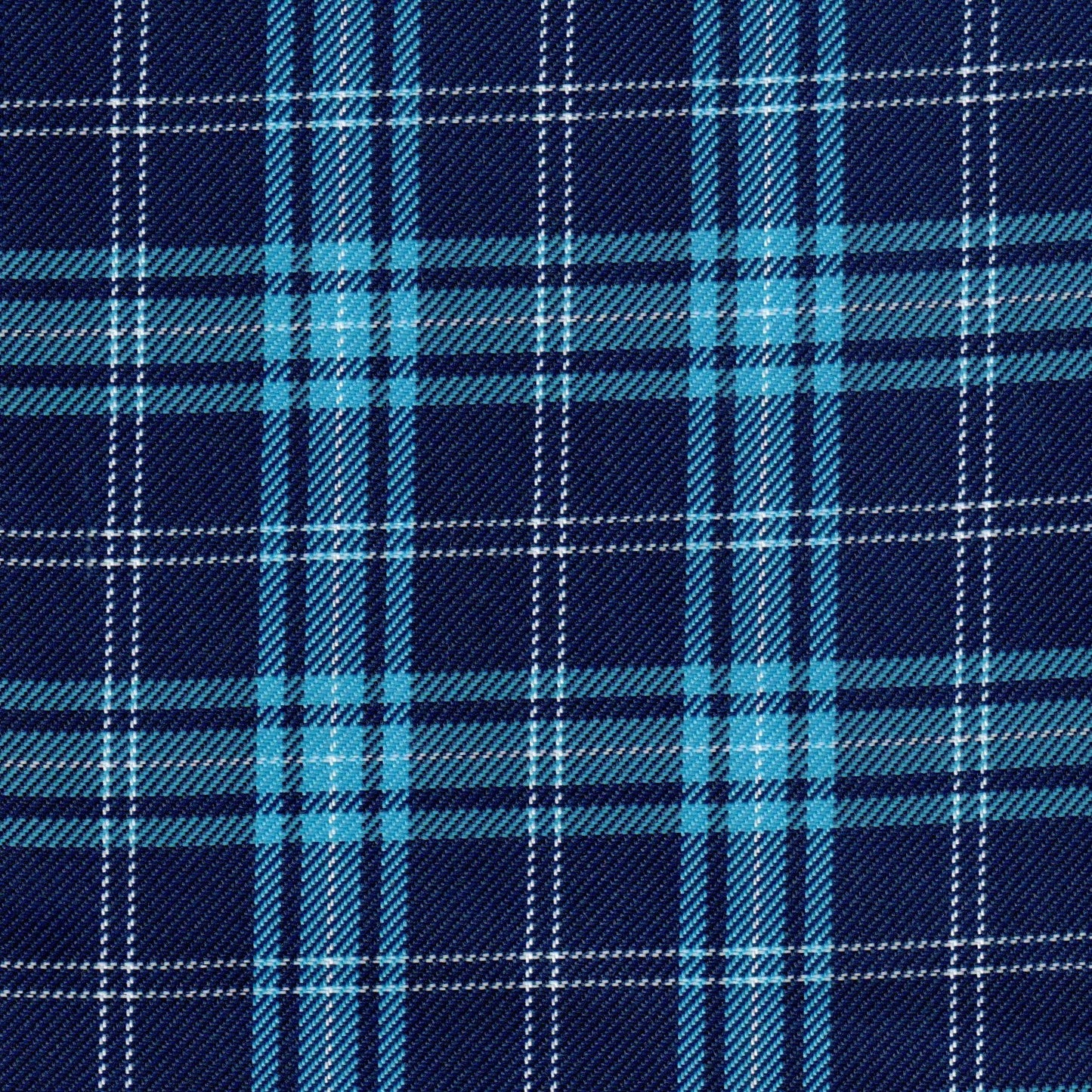 Tela diagonal de poliéster azul marino con cuadros turquesa y blancas; ideal para uniformes escolares SchoolLine.