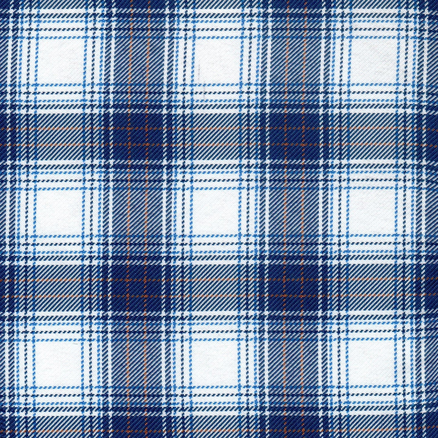 Tela poliéster diagonal azul marino y blanco con cuadros y líneas naranja, ideal para uniformes escolares e institucionales, SchoolLine