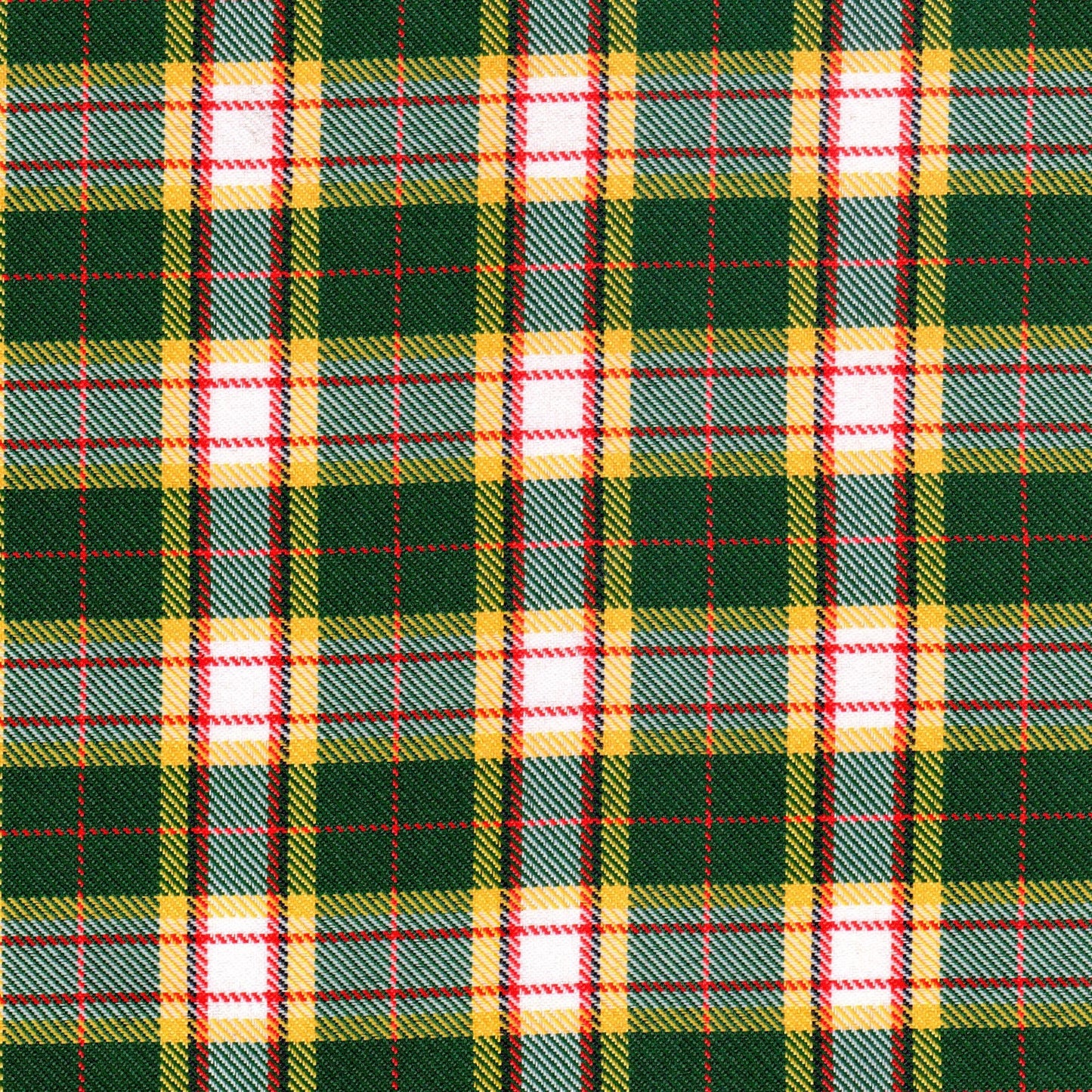 Tela de poliéster diagonal verde con cuadros amarillos y líneas rojas, ideal para uniformes escolares e institucionales; SchoolLine.