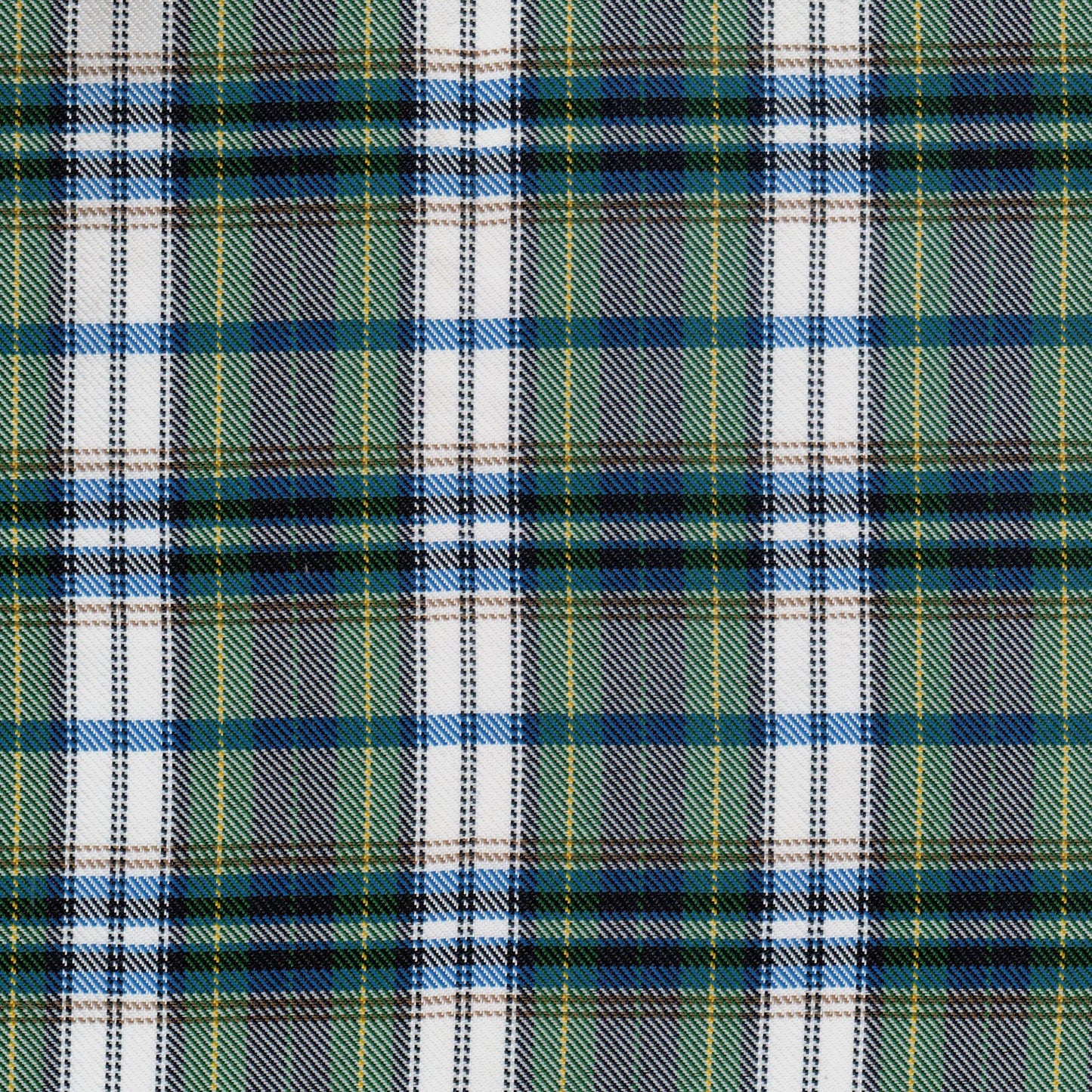 Tela diagonal de poliéster SchoolLine en diseño tartán verde, azul y blanco, perfecta para uniformes escolares.
