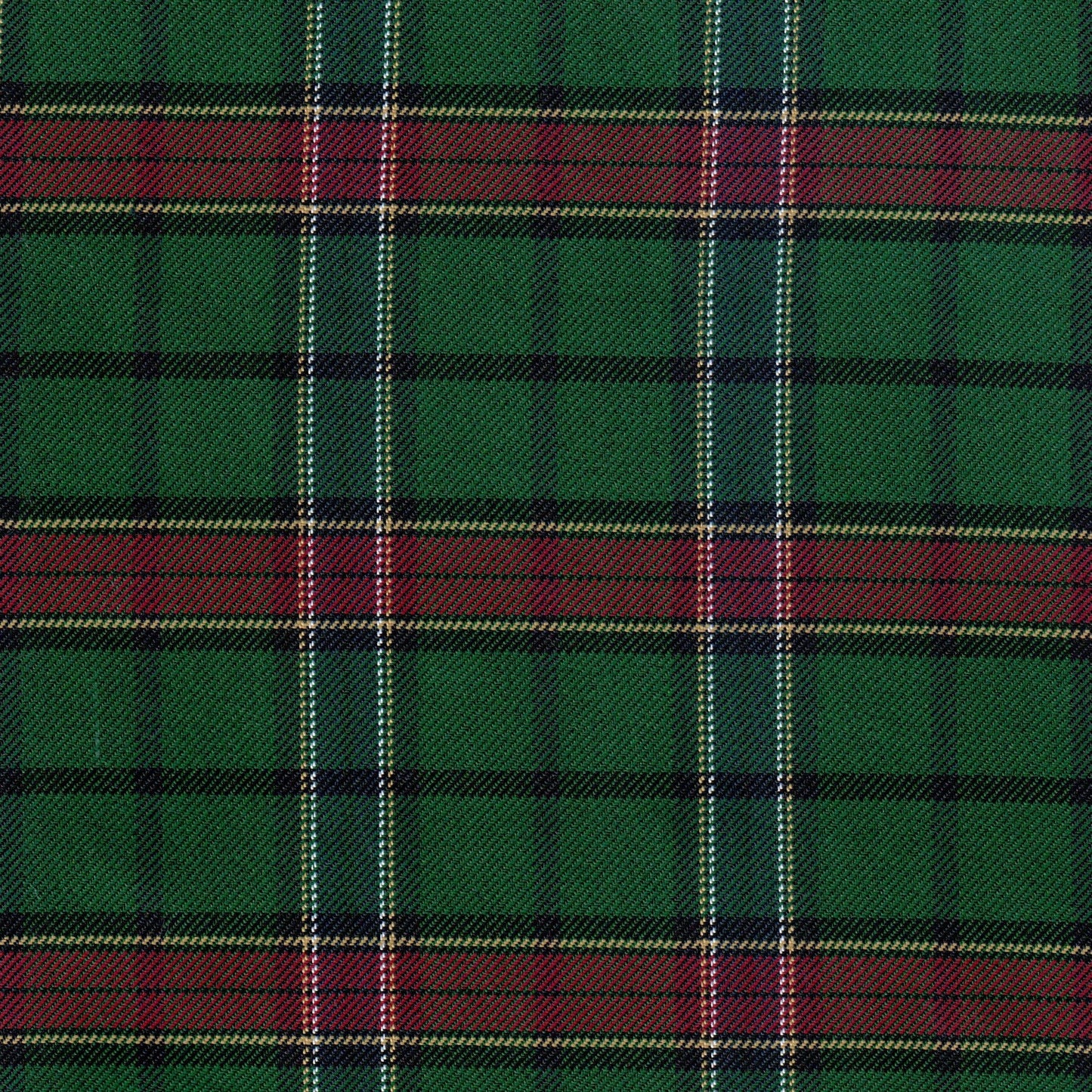 Tela diagonal de poliéster SchoolLine, verde con cuadras rojas y rayas oscuras, ideal para uniformes escolares e institucionales.