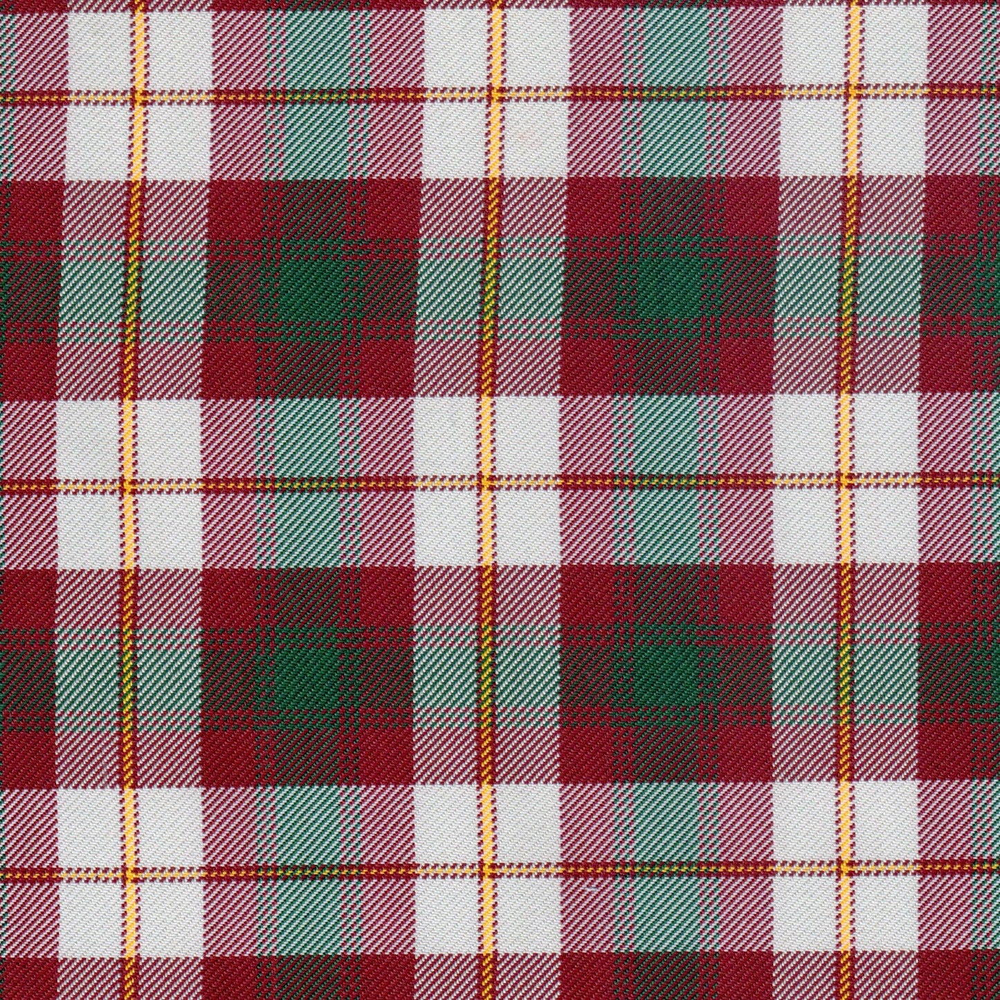 Tela diagonal de poliéster SchoolLine en estampado tartán rojo, verde y blanco con líneas amarillas; ideal para uniformes escolares.