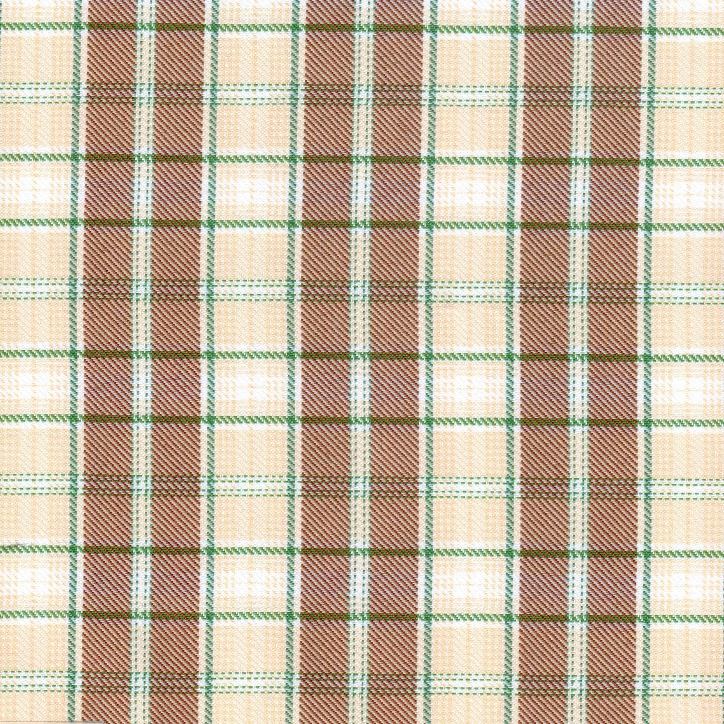 Tela diagonal de poliéster SchoolLine crema/marrón con cuadro verde; perfecta para uniformes escolares e institucionales.