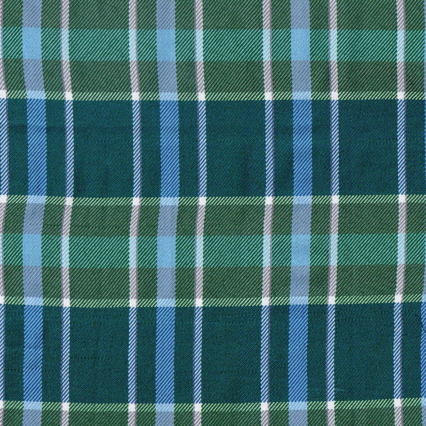 Tela poliéster diagonal SchoolLine verde, azul y blanco en patrón a cuadros, ideal para uniformes escolares.