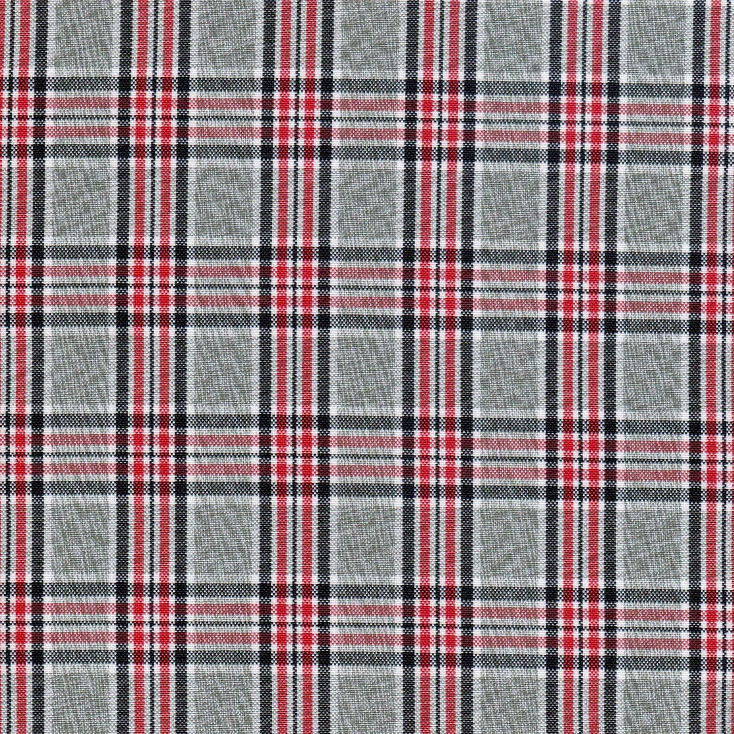 Tela poliéster moline a cuadros gris con rayas rojas y negras, ideal para uniformes escolares e institucionales, SchoolLine.