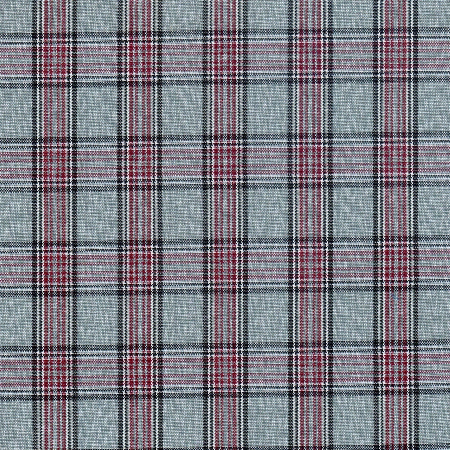 Tela moline de poliéster SchoolLine; plaid gris-azul con rayas rojas, ideal para uniformes escolares e institucionales.