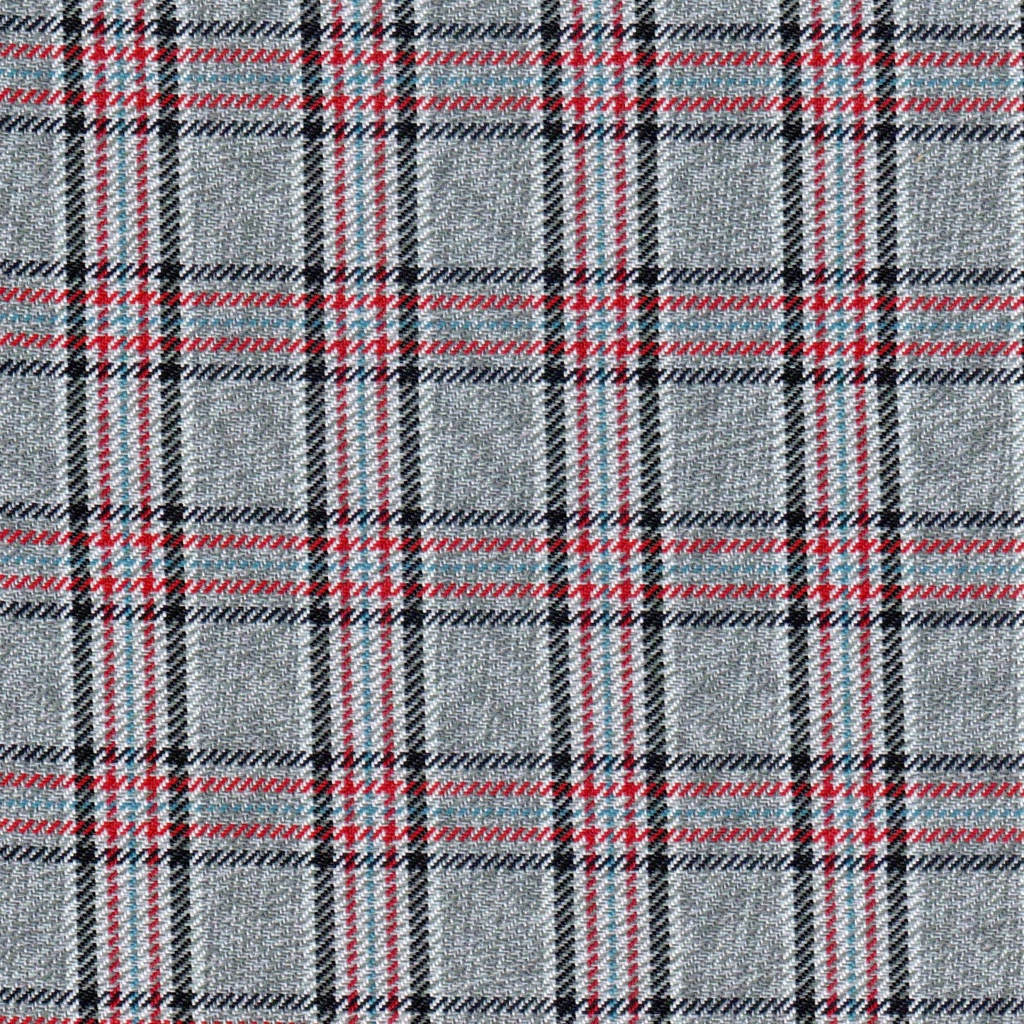 Tela moline diagonal de poliéster gris con cuadros rojos y turquesa; ideal para uniformes escolares, SchoolLine.