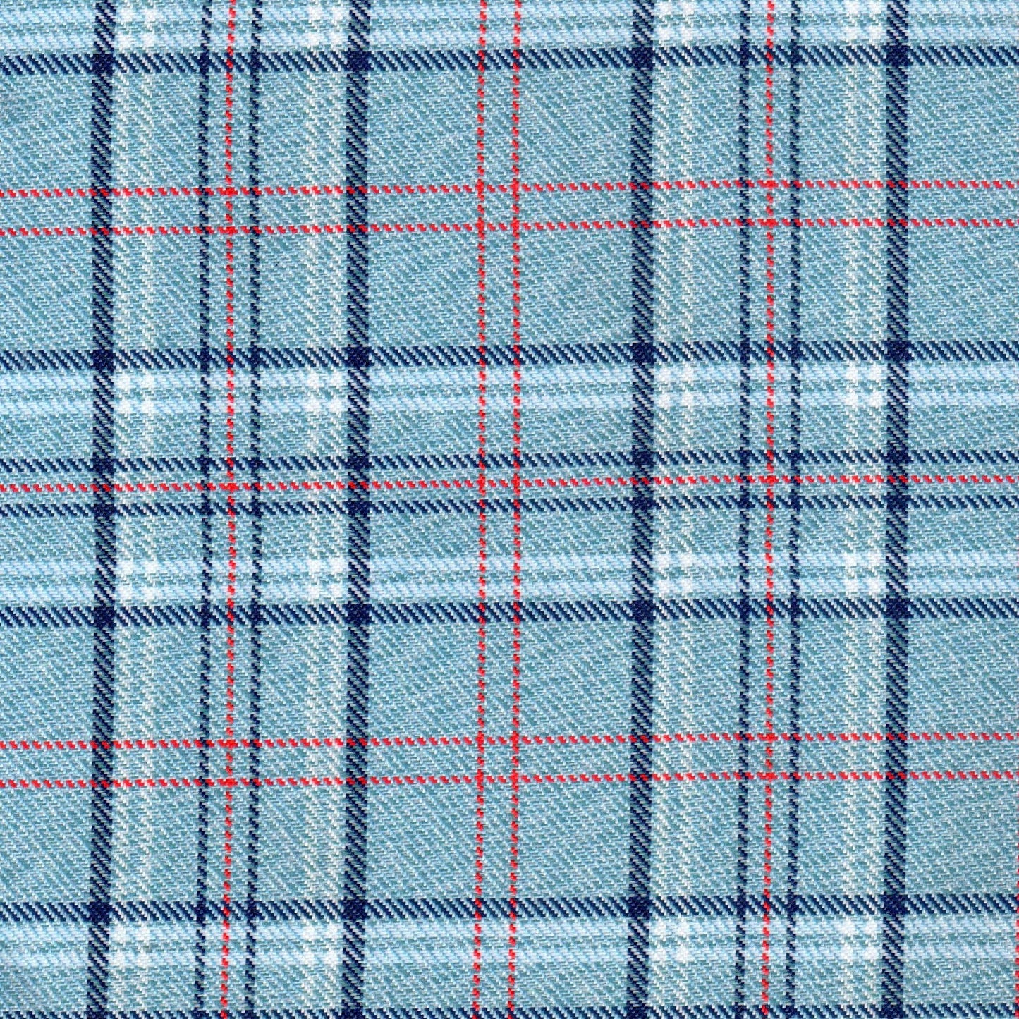 Tela poliéster diagonal azul claro con cuadros azul marino y rojo; diseño tartán, ideal para uniformes escolares e institucionales SchoolLine.