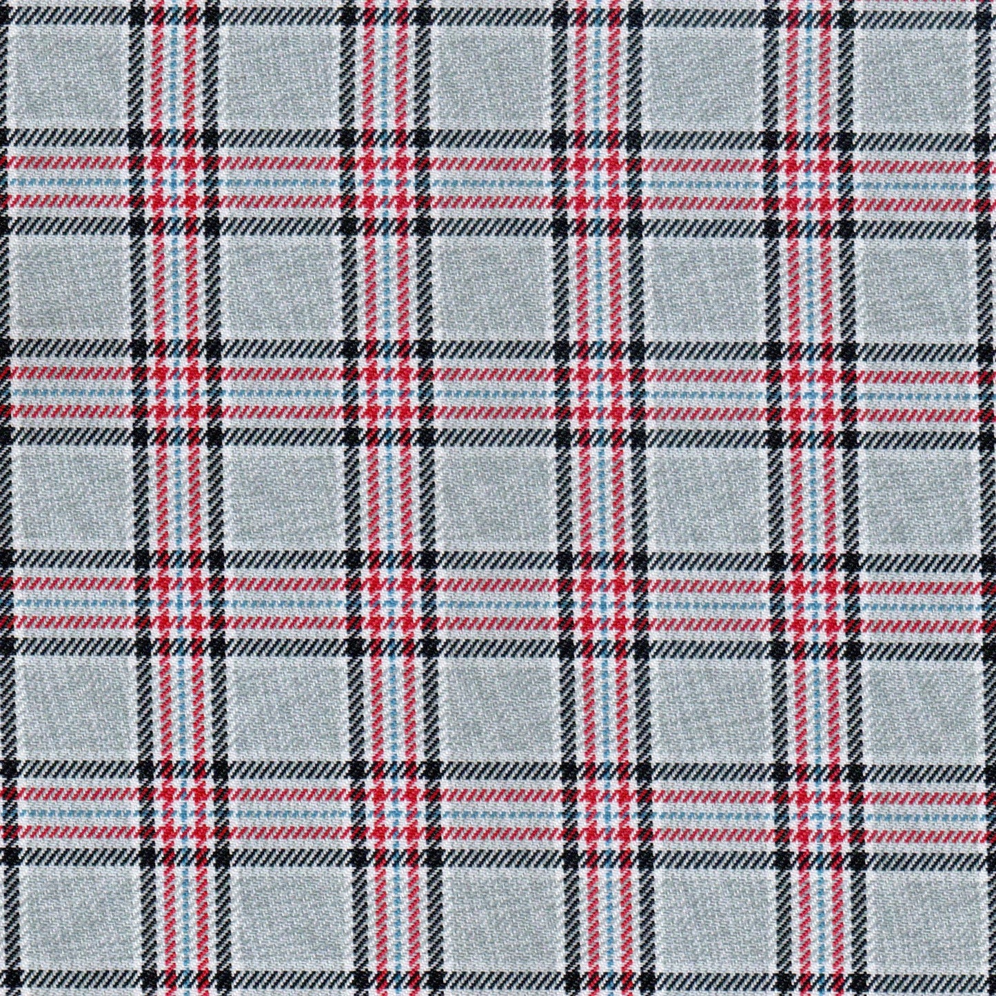 Tela de poliéster diagonal SchoolLine, gris con cuadros negro-rojo-azul; ideal para uniformes escolares e institucionales.