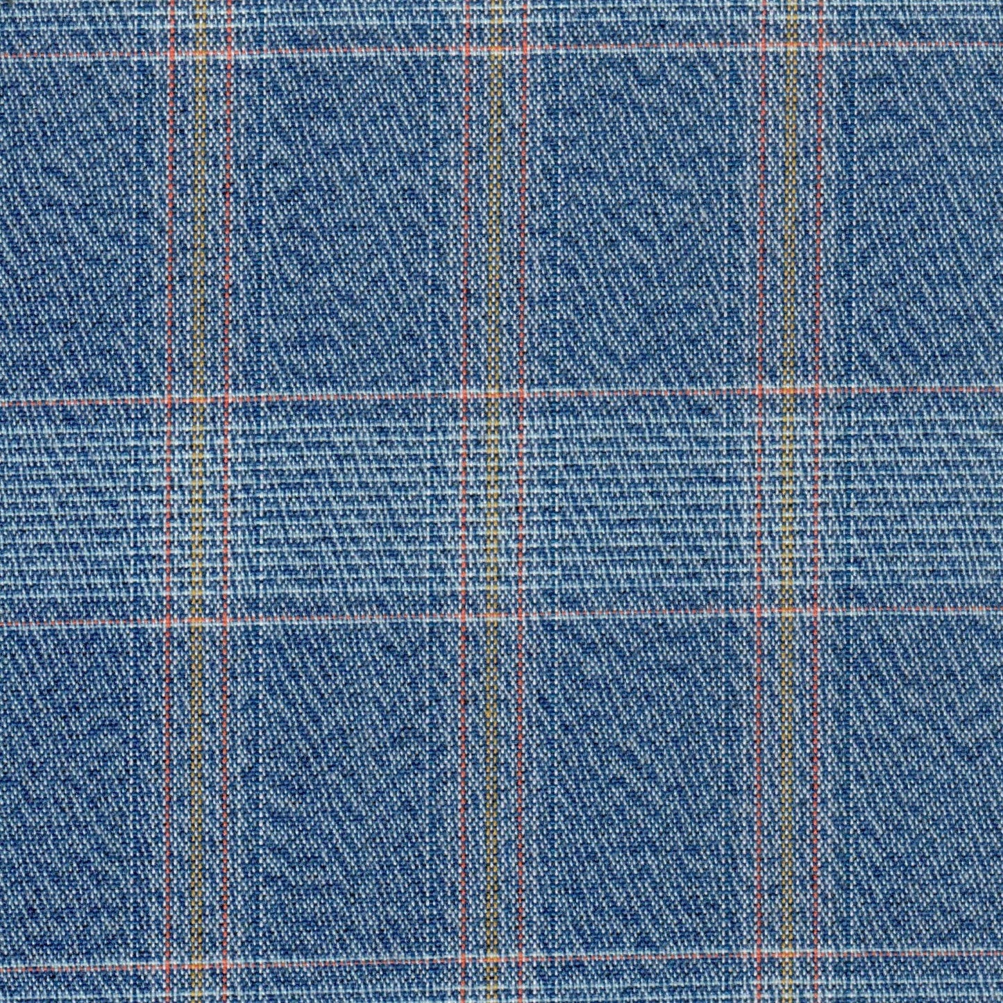 Tela moline poliéster SchoolLine azul denim con diseño a cuadros rojos y amarillos, ideal para uniformes escolares.