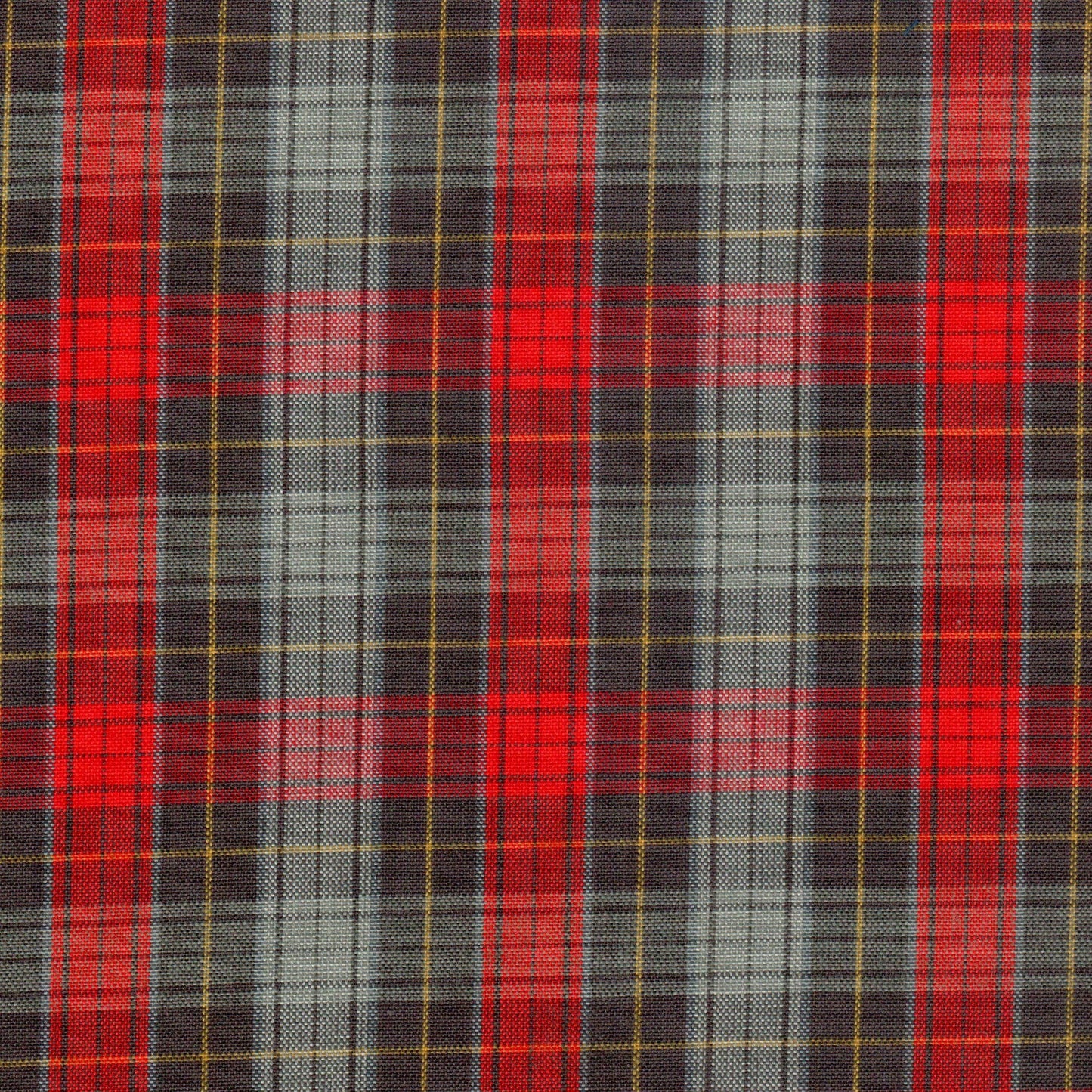 Tela 13014016 Dacron SchoolLine; tejido tartán rojo con gris/negro y líneas amarillas, ideal para uniformes escolares.