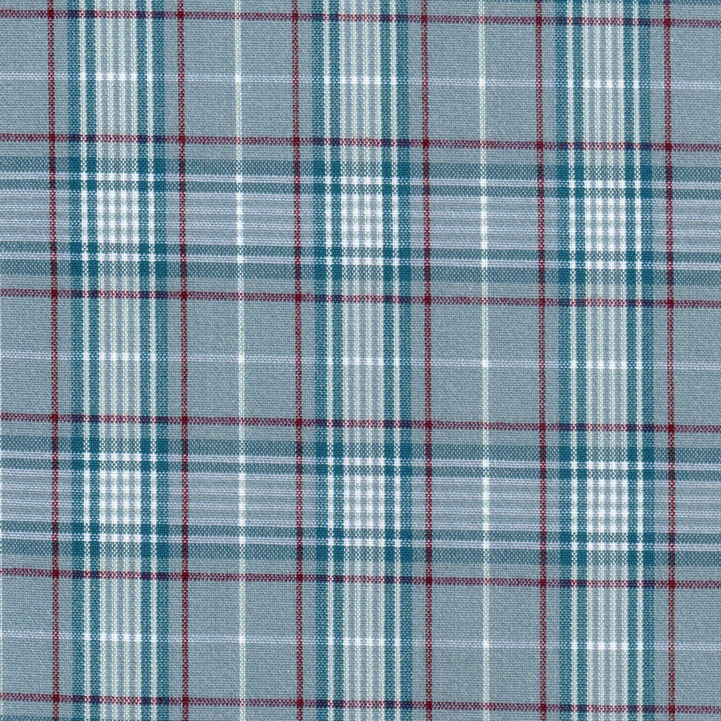 Tela jaspeada azul Dacron SchoolLine, tartán con líneas blancas y rojas; tela para uniformes escolares e institucionales.