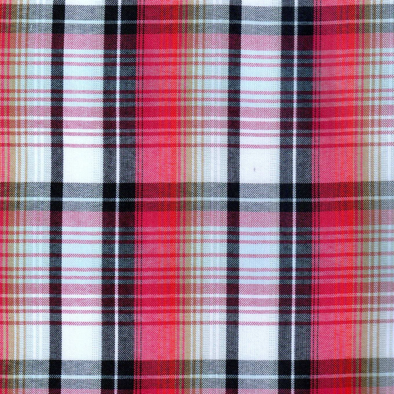 Tela Jacquard tafetán tartán rojo, rosa y beige con cuadros negros; ideal para uniformes escolares e institucionales SchoolLine.