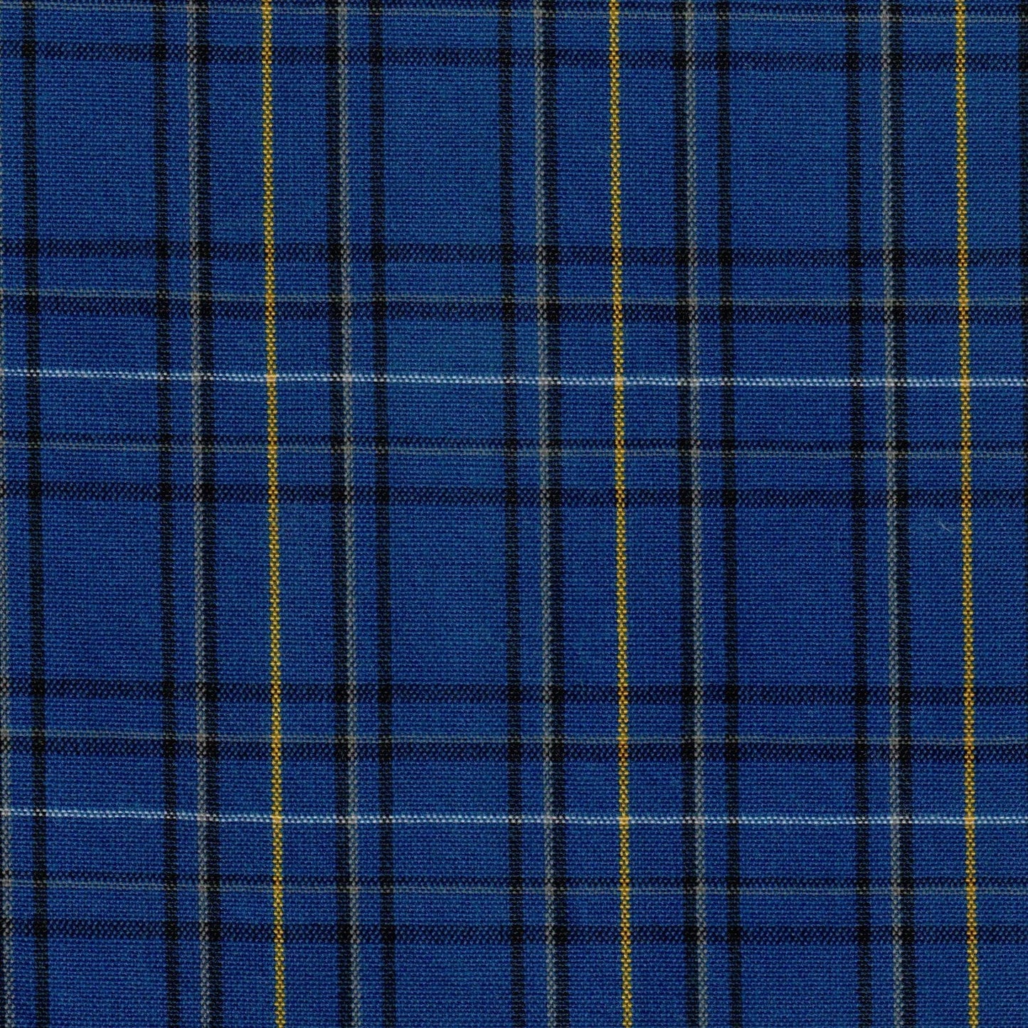 Tela jacquard tafetán azul con rayas negras y franja amarilla; ideal para uniformes escolares e institucionales, SchoolLine.