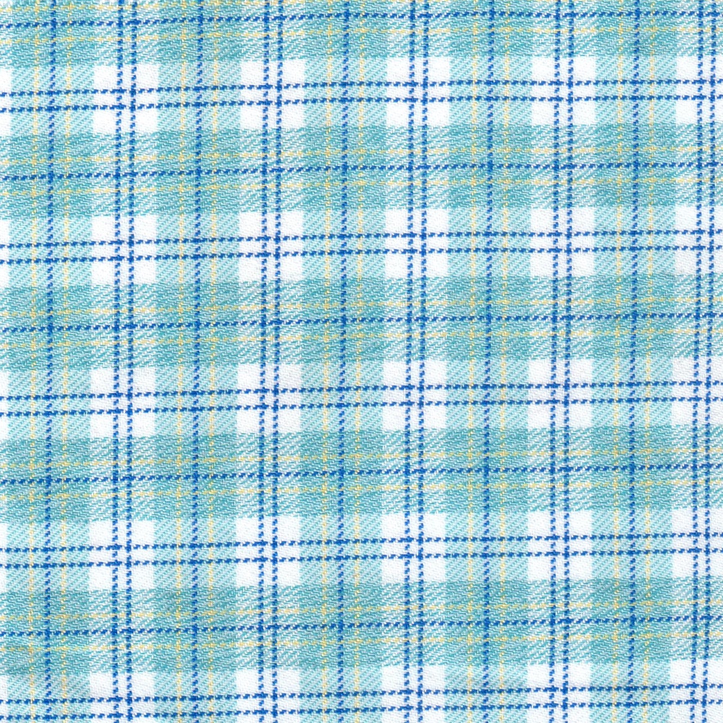 Tela moline escoces azul cielo con cuadros blancos y lineas azules y amarillas