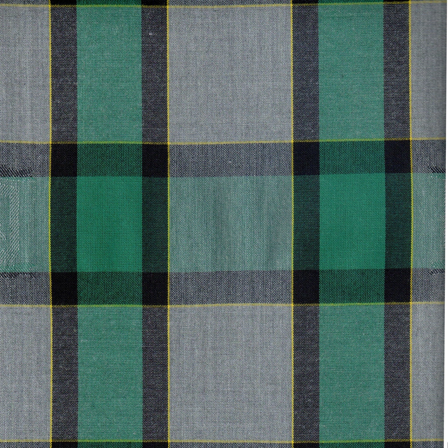 Tela de uniforme a cuadros en color verde y gris con franjas negras y lineas amarillas