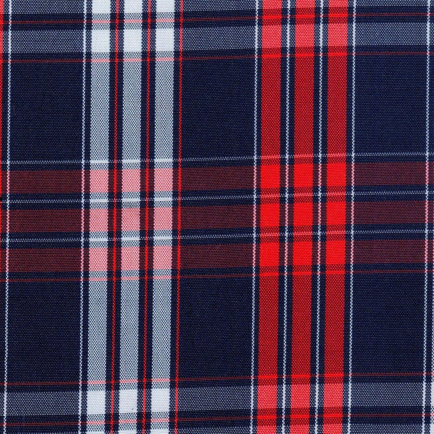 Tela escocesa de poliéster SchoolLine, tartán azul marino, rojo y blanco, ideal para uniformes escolares e institucionales.