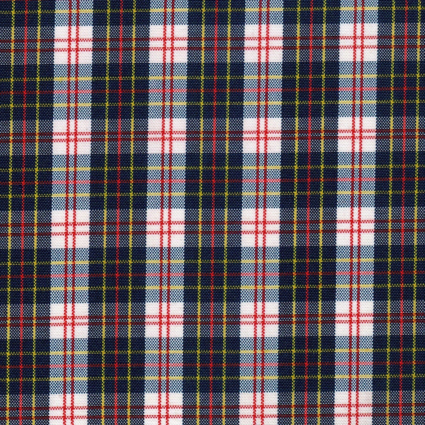 Tela escocesa de poliéster SchoolLine; azul marino, blanco y rojo con líneas, ideal para uniformes escolares e institucionales.