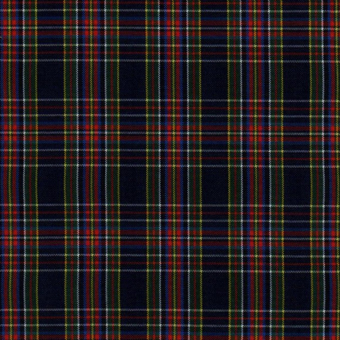 Tela escocesa de poliéster SchoolLine, tartán azul marino con rayas verde, rojo y amarillo; ideal para uniformes escolares.