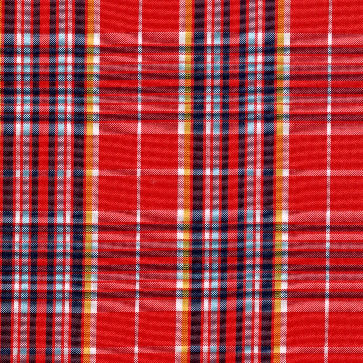 Tela escocesa de poliéster SchoolLine en rojo dominante con acentos multicolor, ideal para uniformes escolares e institucionales