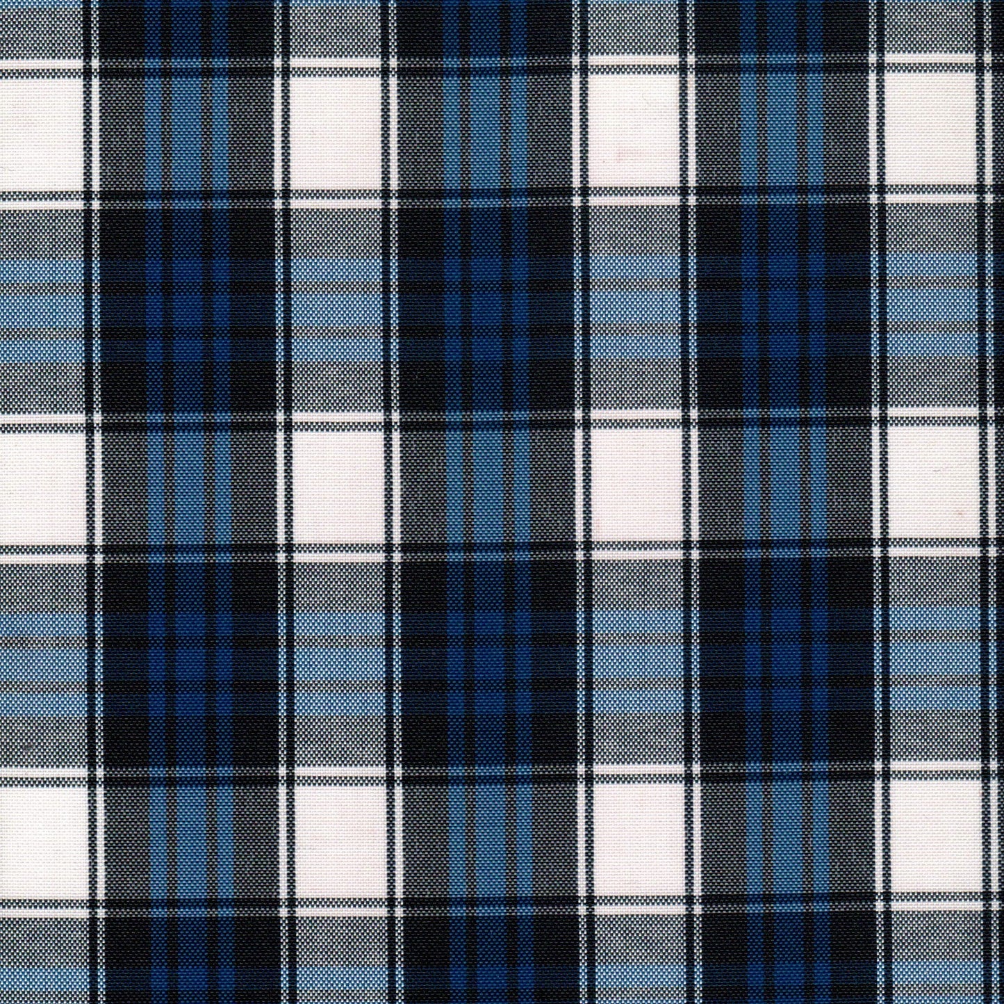 Tela escocesa de poliéster SchoolLine en azul, negro y blanco a cuadros, ideal para uniformes escolares e institucionales.