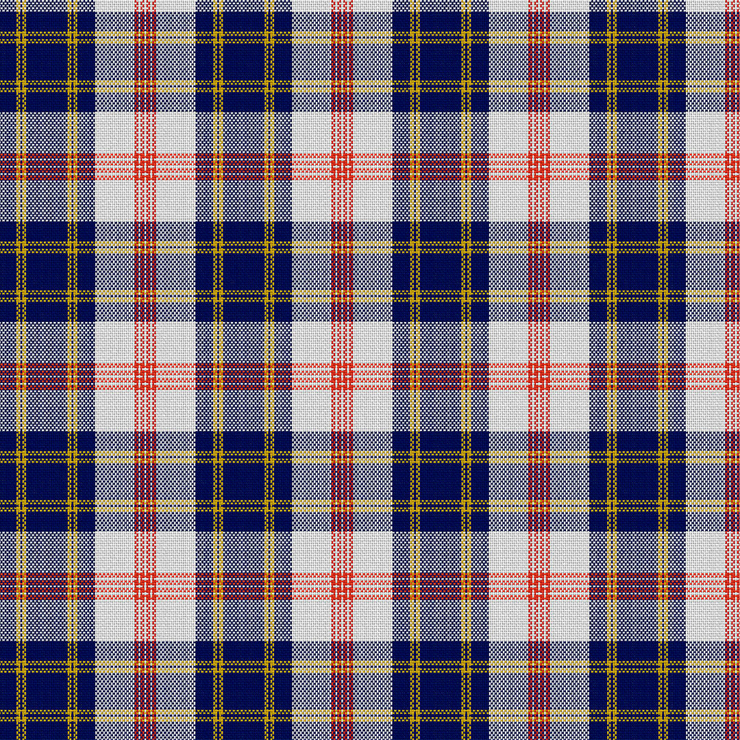 Tela escocesa de poliéster SchoolLine en tartán azul, blanco, rojo y amarillo; para uniformes escolares e institucionales.