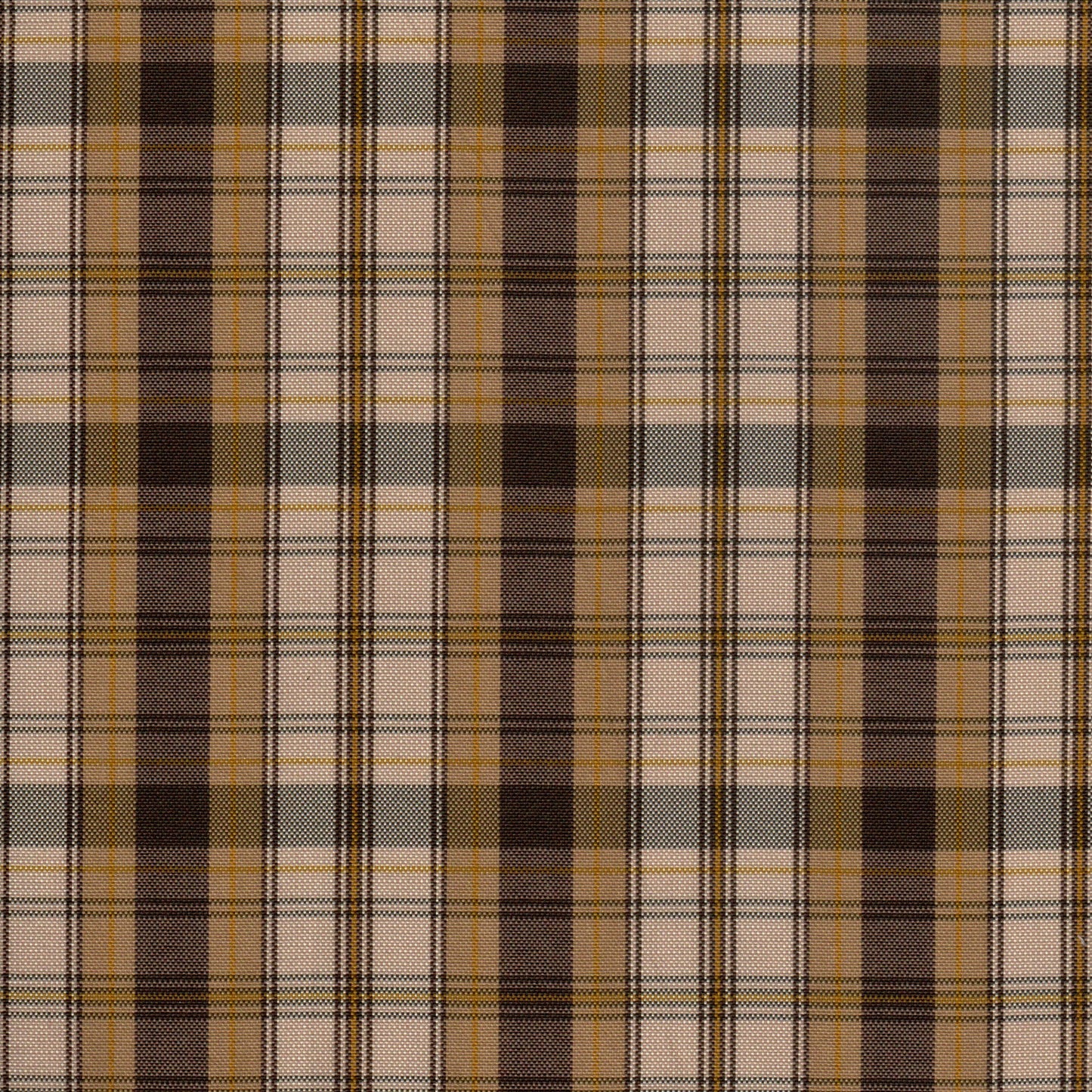 Tela escocesa de poliéster SchoolLine en marrón, beige y mostaza, diseño tartán para uniformes escolares e institucionales.