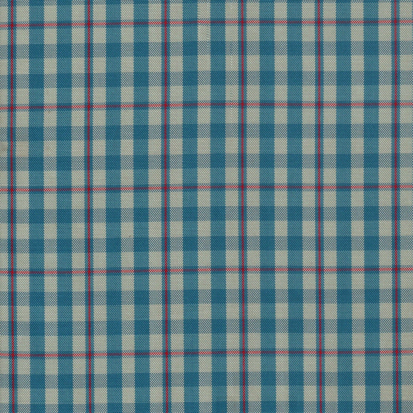 Tela escocesa de poliéster azul y beige con cuadros rojos, ideal para uniformes escolares e institucionales.
