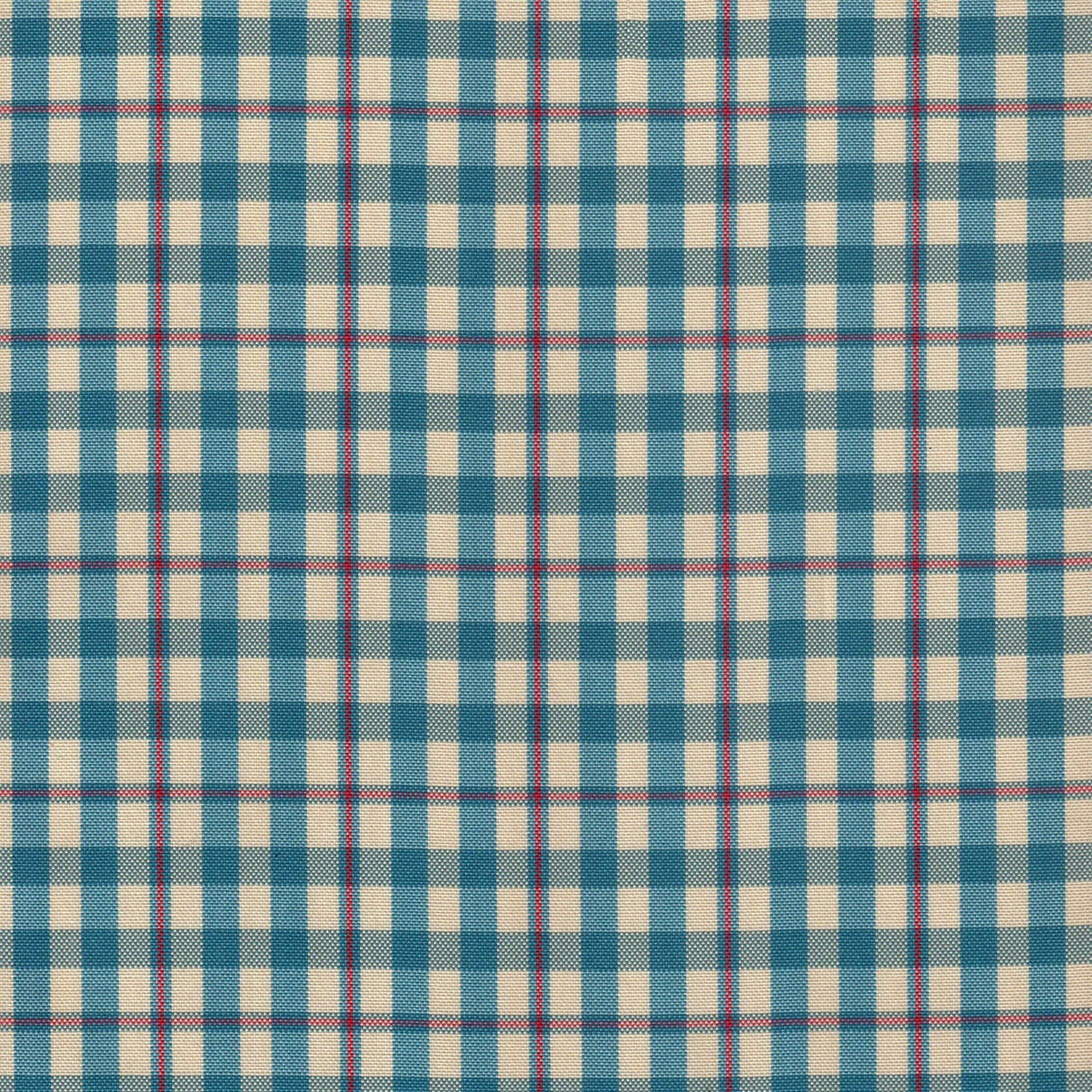 Tela escocesa de poliéster SchoolLine en azul, beige y rojo con cuadros, ideal para uniformes escolares e institucionales.