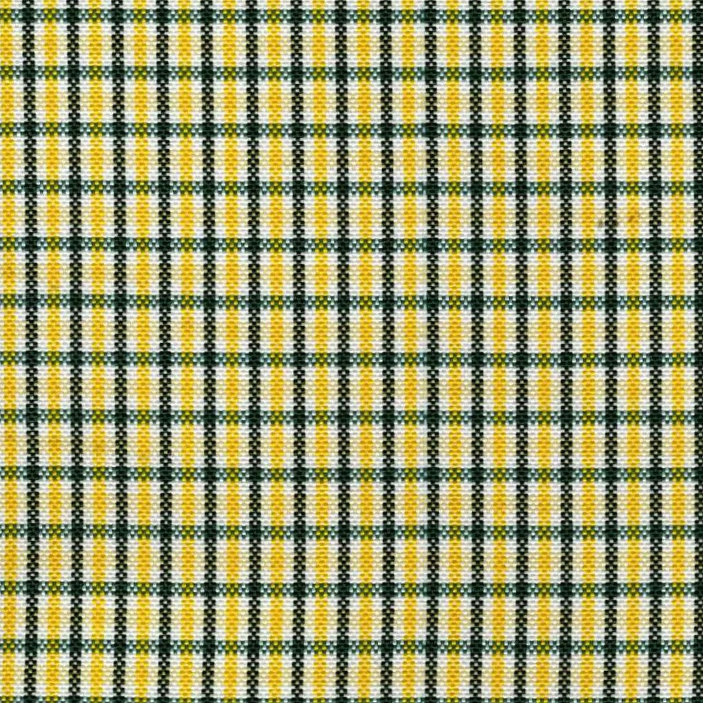 Tela escocesa de poliéster en cuadros amarillos y verde oscuro, ideal para uniformes escolares e institucionales.