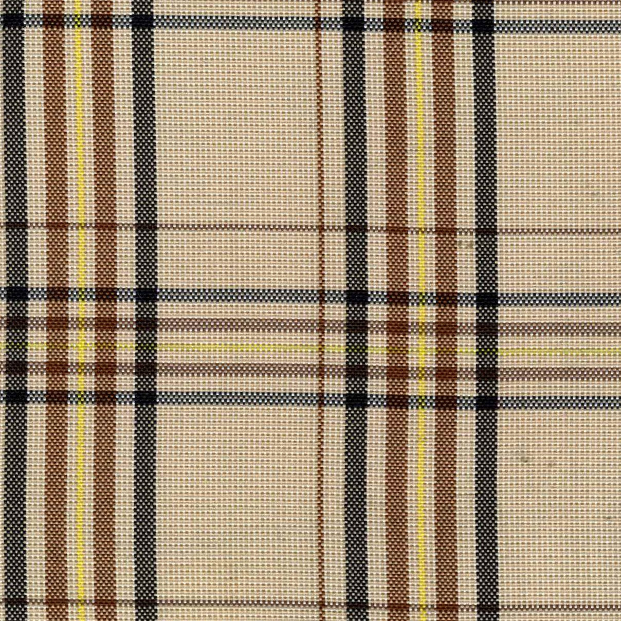 Tela escocesa de poliéster SchoolLine beige con líneas marrones, ideal para uniformes escolares e institucionales.