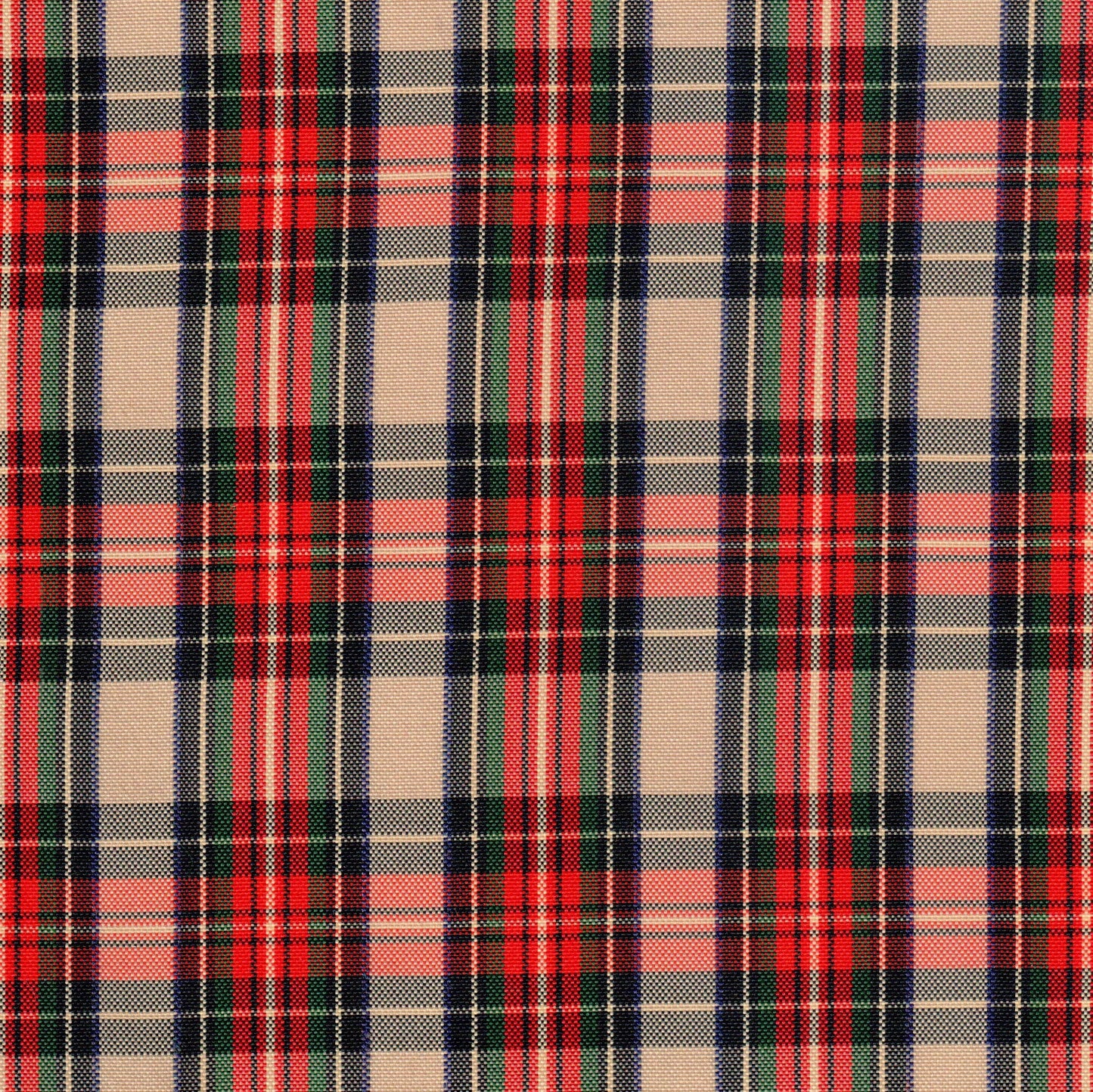 Tela escocesa de poliéster tartán en beige, rojo, verde y azul; ideal para uniformes escolares e institucionales SchoolLine.
