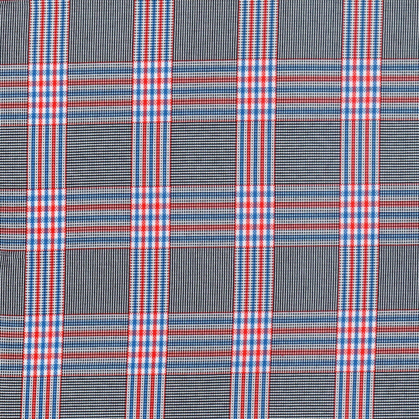 Tela escocesa de poliéster SchoolLine en tartán azul, rojo y blanco, ideal para uniformes escolares.