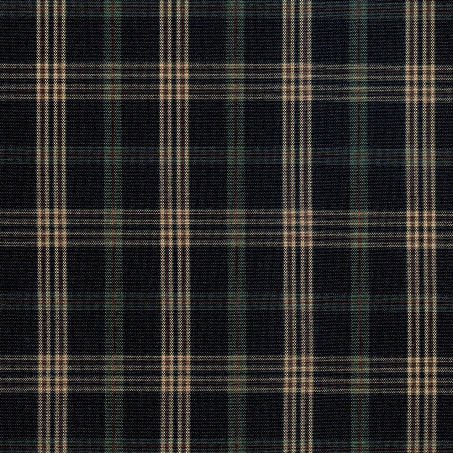 Tela escocesa de poliéster SchoolLine: tejido a cuadros negro con verdes y blancas para uniformes escolares e institucionales