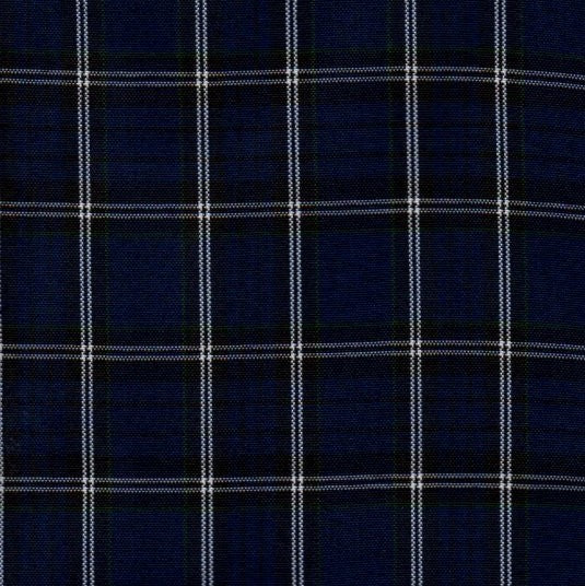 Tela escocesa de poliéster azul marino con tartán blanco, ideal para uniformes escolares e institucionales de SchoolLine.