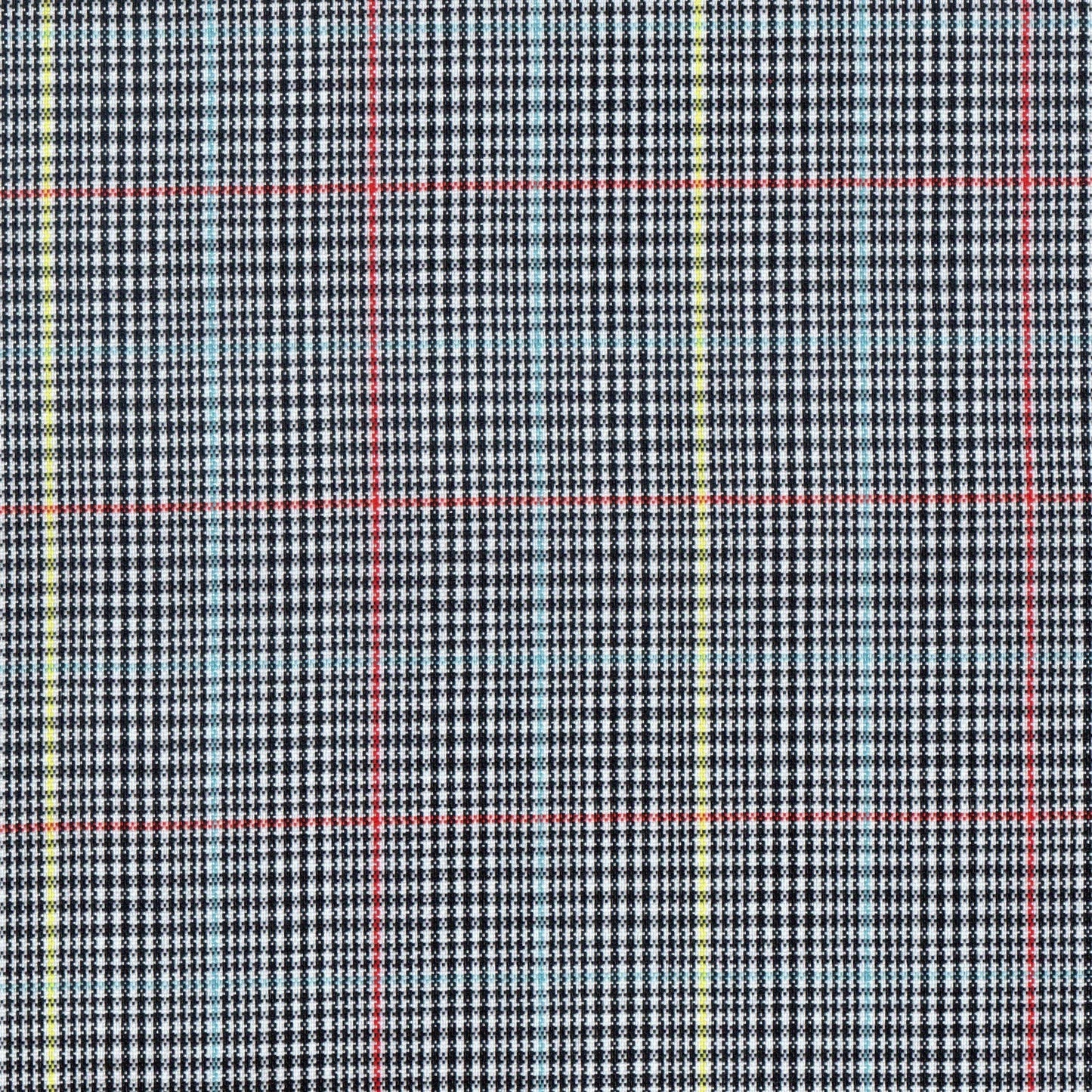 Tela escocesa de poliéster SchoolLine en tartán negro/blanco con líneas amarillas, rojas y azules; ideal para uniformes escolares.